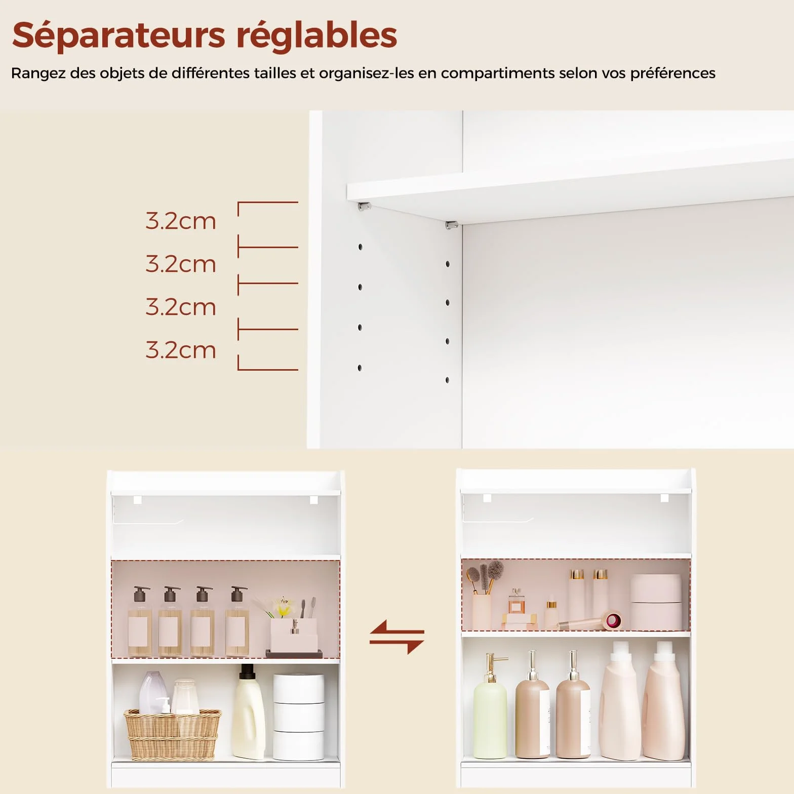 BEWISHOME Meuble de Salle de Bain avec Porte Coulissante et Poignées Intégrées,Meuble Toilette Gain de Place,Étagère Réglable et Support Papier Toilette,20x60x80cm,Blanc EYYG16W