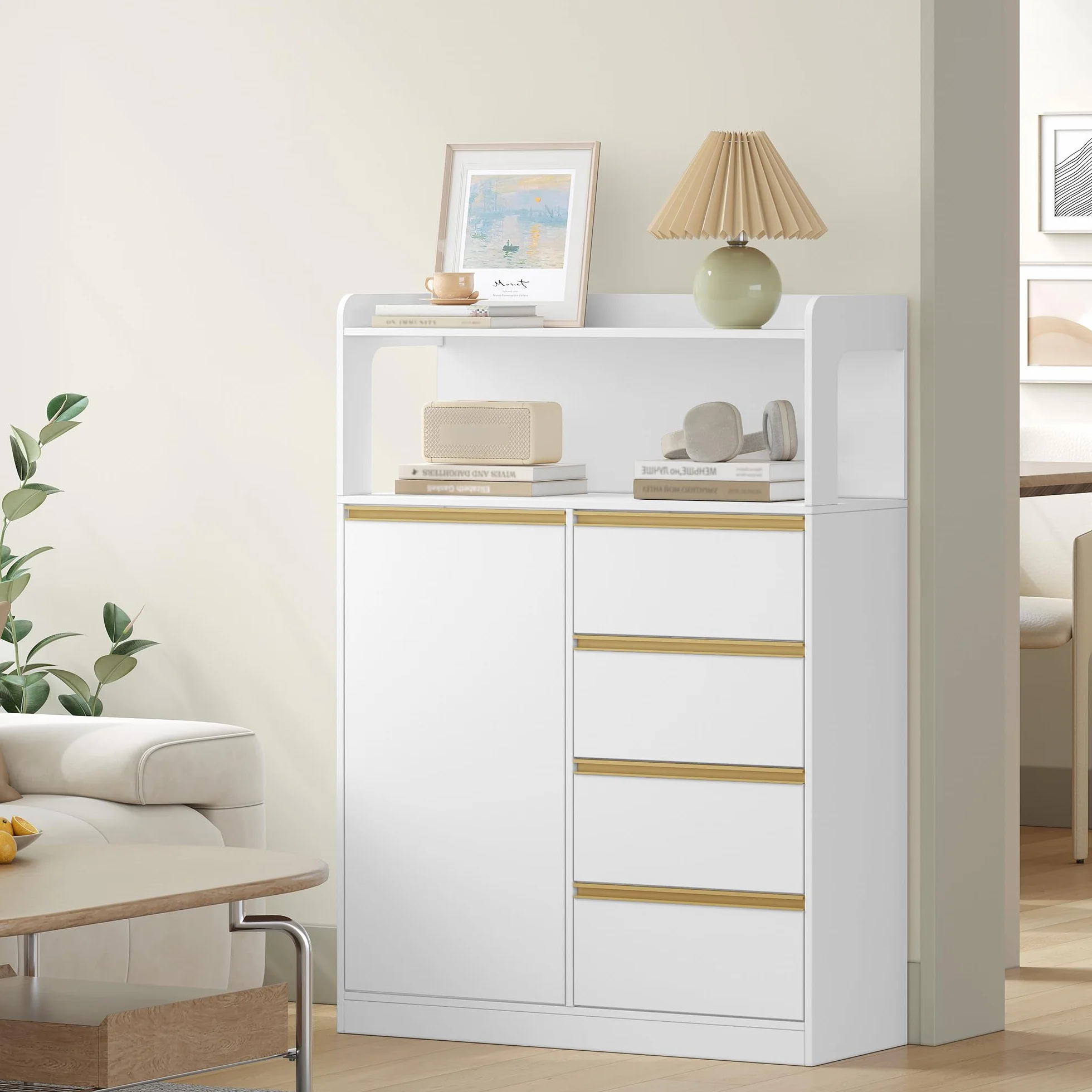 HEXCELEN Meuble Salle de Bain, Meuble Salle de Bain Rangement, Placard de Rangement avec 4 Tiroirs, Armoire Haut Salles de Bains, Étagères Réglables, Salles de Bains, Le Salon, Blanc, 30 x 80 x 110 cm