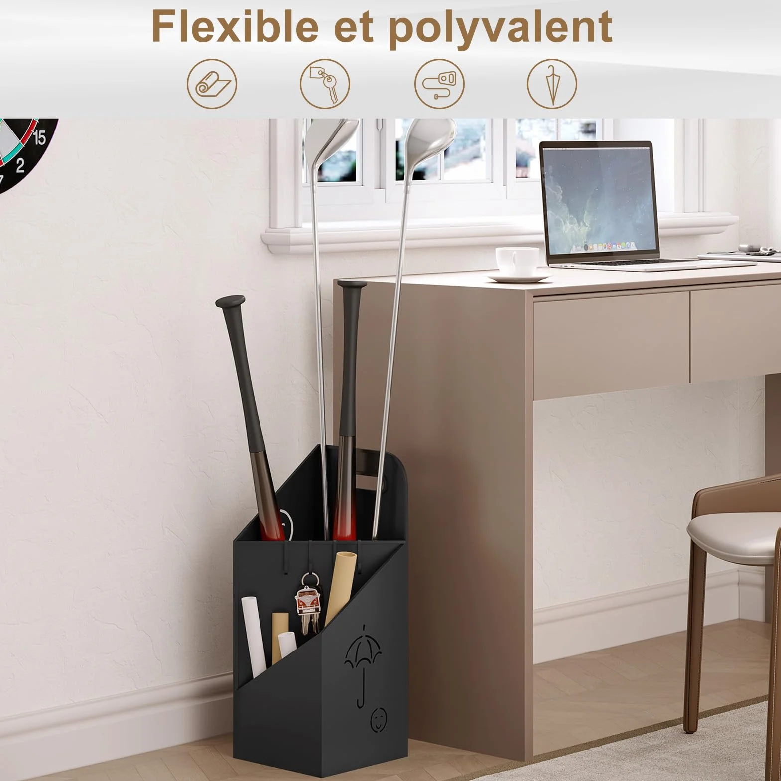WOLTU Porte-Parapluie Métal Antirouille 4 Crochets 2 Zones Séparées Noir SST14an