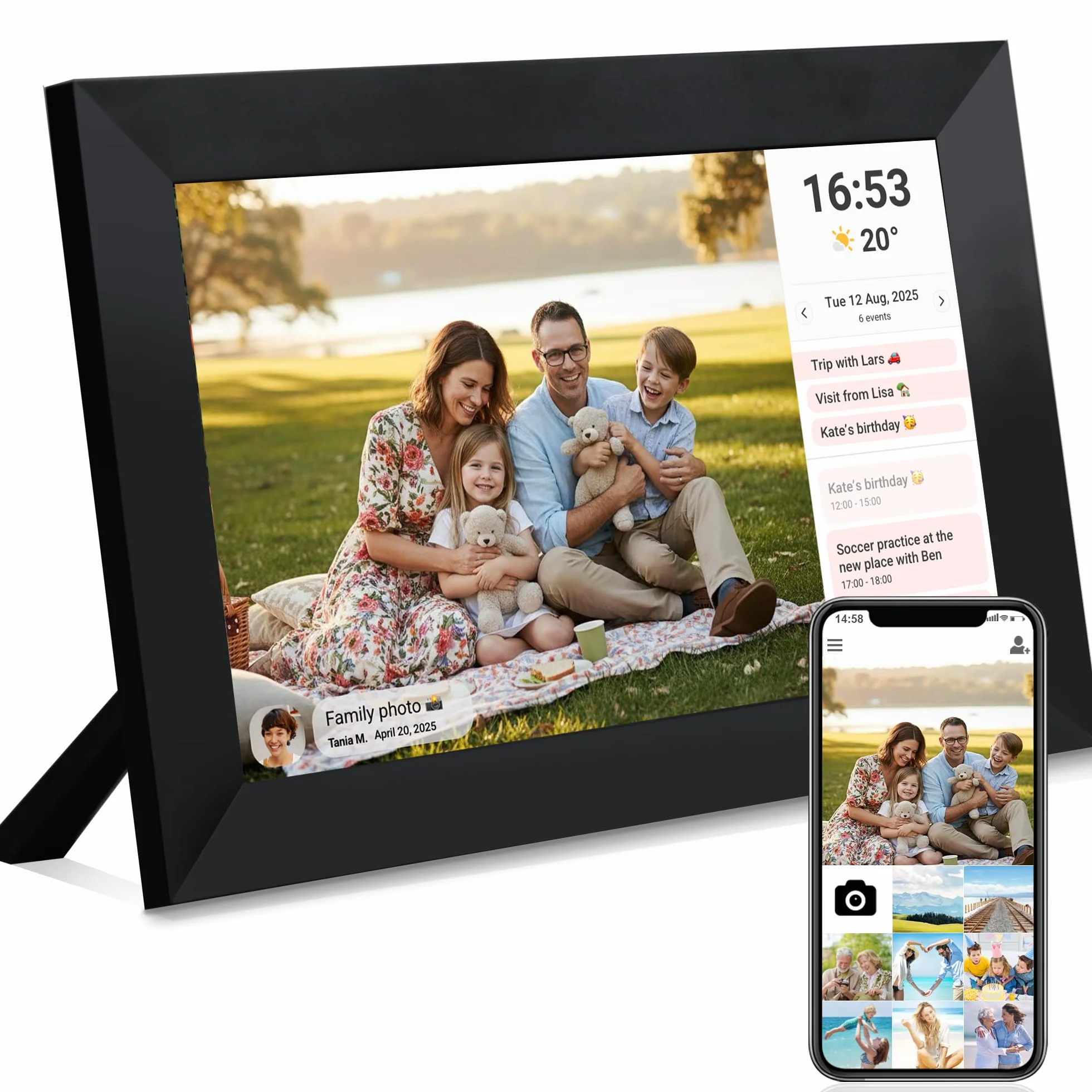 Veidoo Frameo 10,1 cala 32GB WiFi – cyfrowa ramka na zdjęcia, ekran dotykowy HD IPS 1280x800, automatyczna rotacja, udostępnianie zdjęć przez aplikację Frameo i synchronizacja kalendarza
