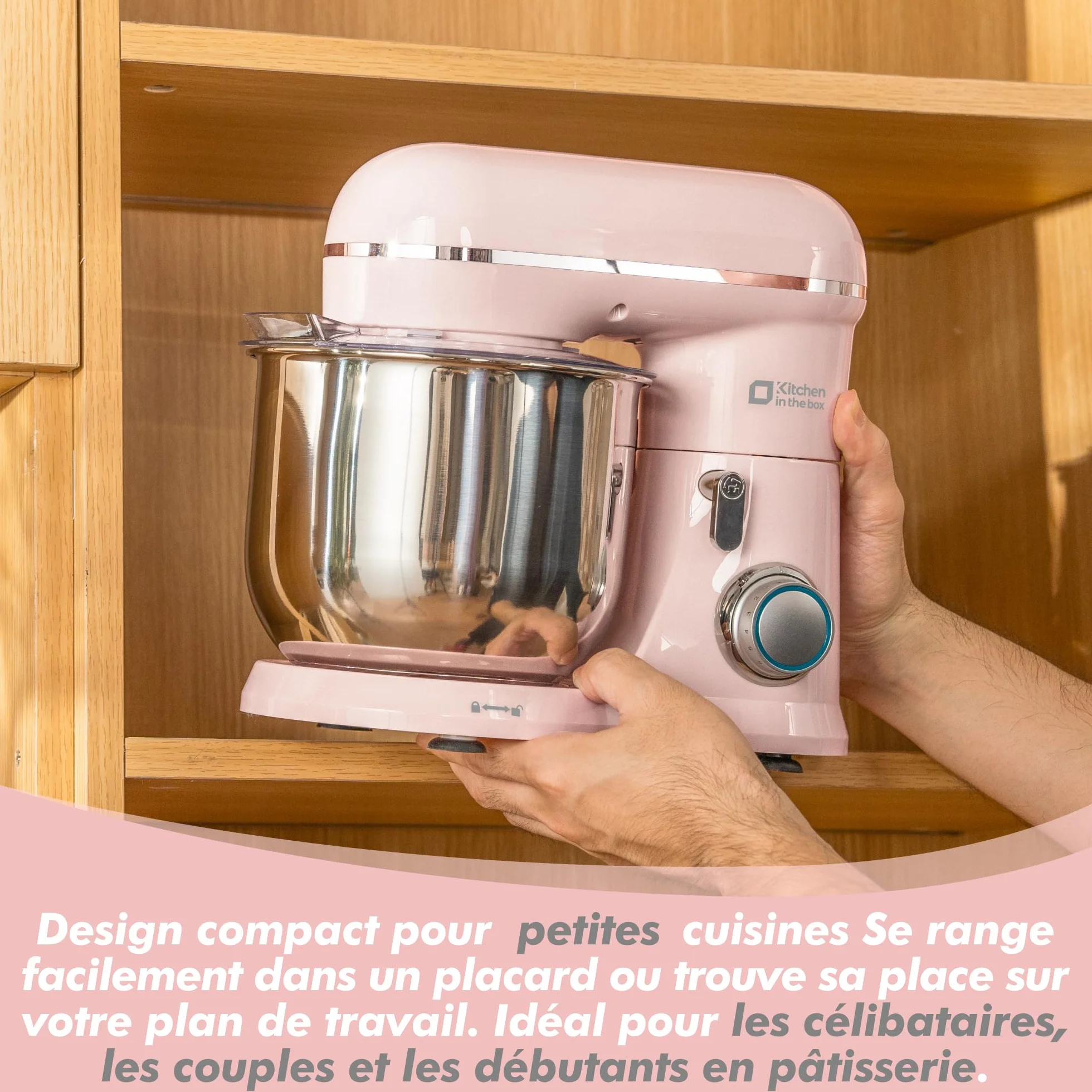 Robot Pâtissier 3.5L Compact, Kitchen in the box 10 Vitesses + Pulse, Léger 2,9 kg, Bol Inox, 3 Accessoires, Mini Robot Cuisine Multifonction, Idéal Pâtisserie Maison et Débutant (Rose Claire)