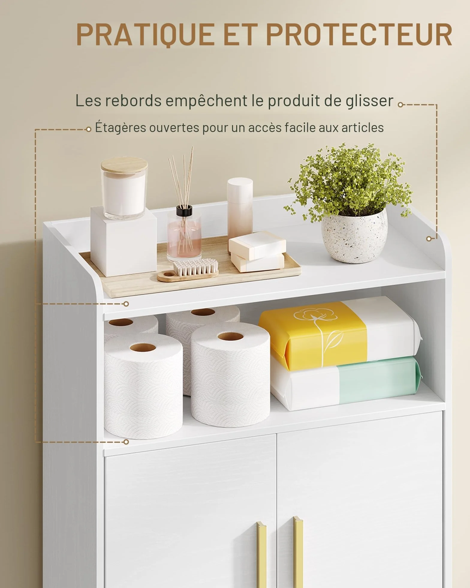 Hzuaneri Meuble Salle de Bain, Armoire de Rangement, Placard Cuisine avec 4 Portes et 1 Espace Ouvert, Armoire de Rangement, Étagères réglables, Salle de Bain, 30 x 60 x 120 cm, Blanc-Or SC45613G