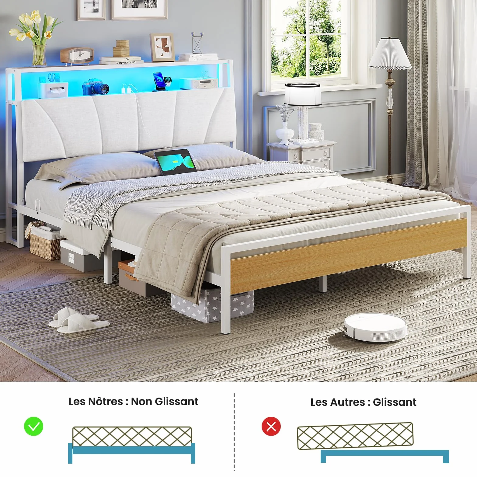 Brinlawb Cadre de Lit 140 x 190 avec Sommier en Métal, Lit 2 Personnes avec Lumières LED et Multiprise (2 Prises AC,2 Ports USB) lit Double 140x190cm avec Rangement, Facile à Assembler, Moderne, Blanc