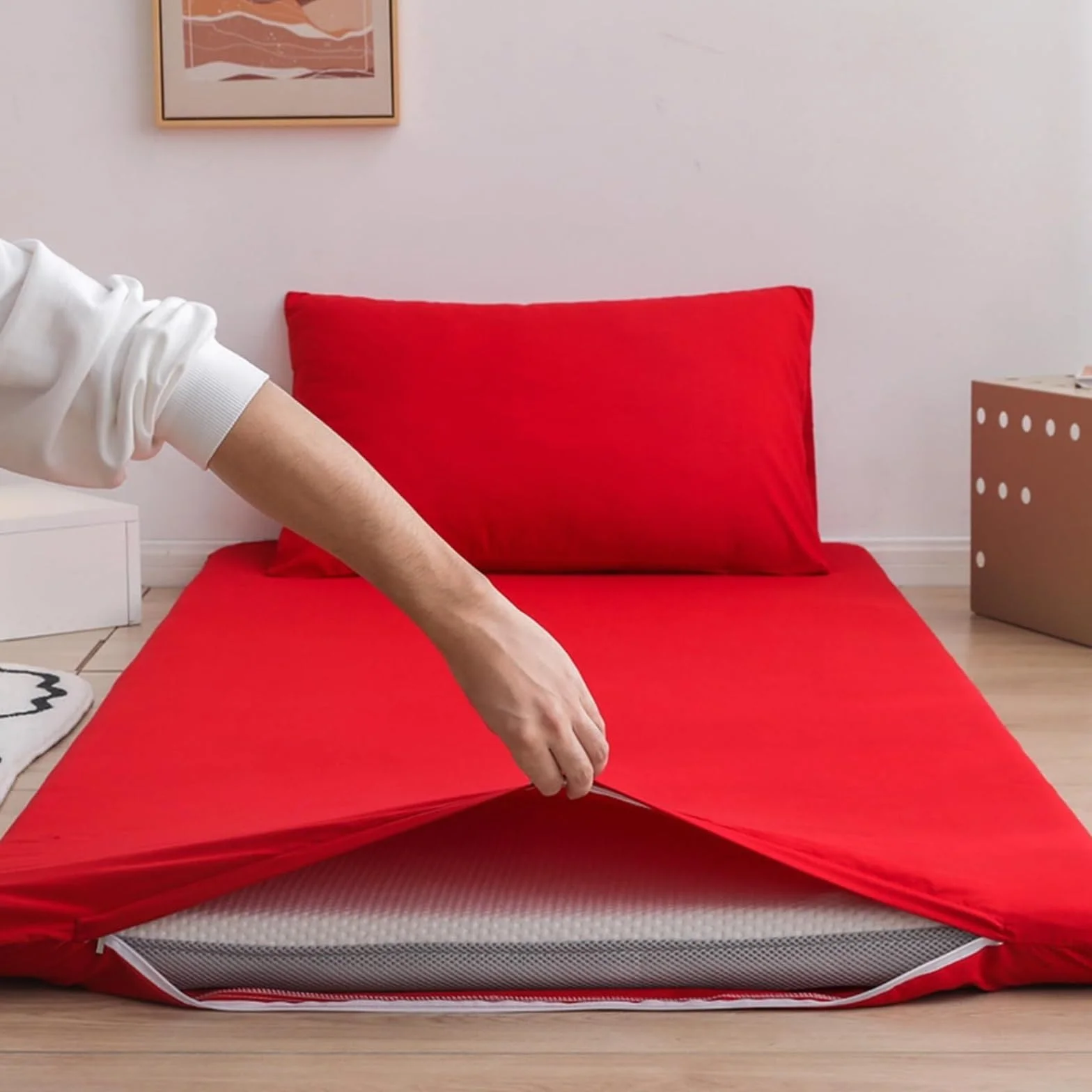 Housse pour matelas futon japonais traditionnel Lavable avec fermeture éclair King size 180 x 200 cm Rouge