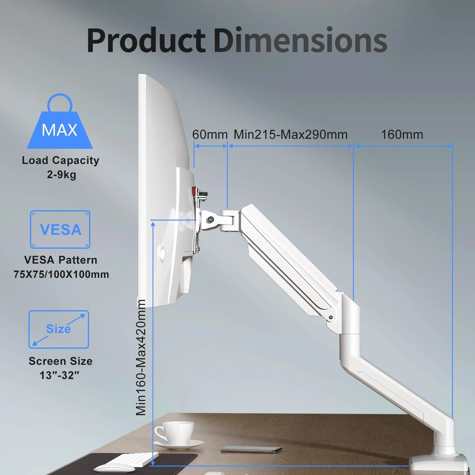 suptek Uchwyt do monitora 13-32 cali LED LCD do 9 kg, ramię monitora ze sprężyną gazową, obracany o 360°, regulacja wysokości, wychylny, uchwyt monitora VESA 75 x 75/100 x 100 mm, biały MD01AW