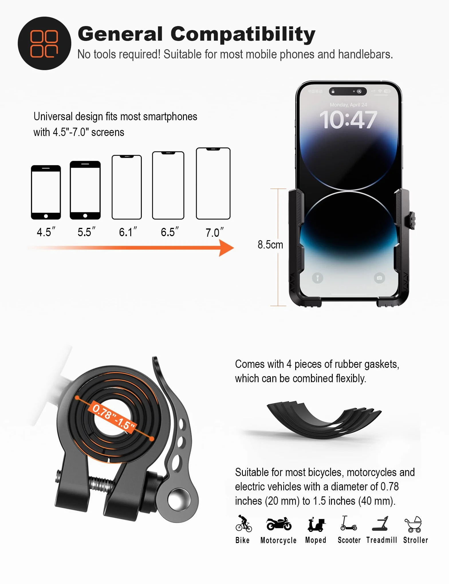 Grefay Uchwyt na Telefon Rowerowy (Szybki Demontaż 1S) Uchwyt Telefon Motocyklowy z Obrotem 360 na Zewnątrz Uchwyt na Telefon na Kierownicę do Scooter do Smartfona 4.5-7.0