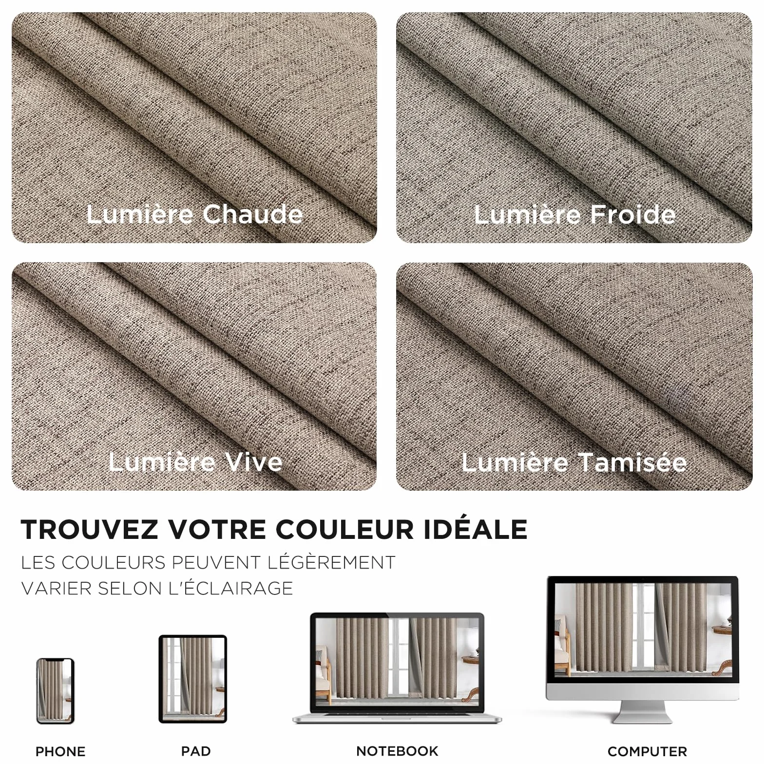 Joydeco 100% Rideau Occultant Lin 135x240 cm 2 Pièces, Double Rideaux Isolant Thermique Anti UV à Pattes Cachées et à Passe Tringle pour Décoration Chambre Salon et Protection d'Ameublement