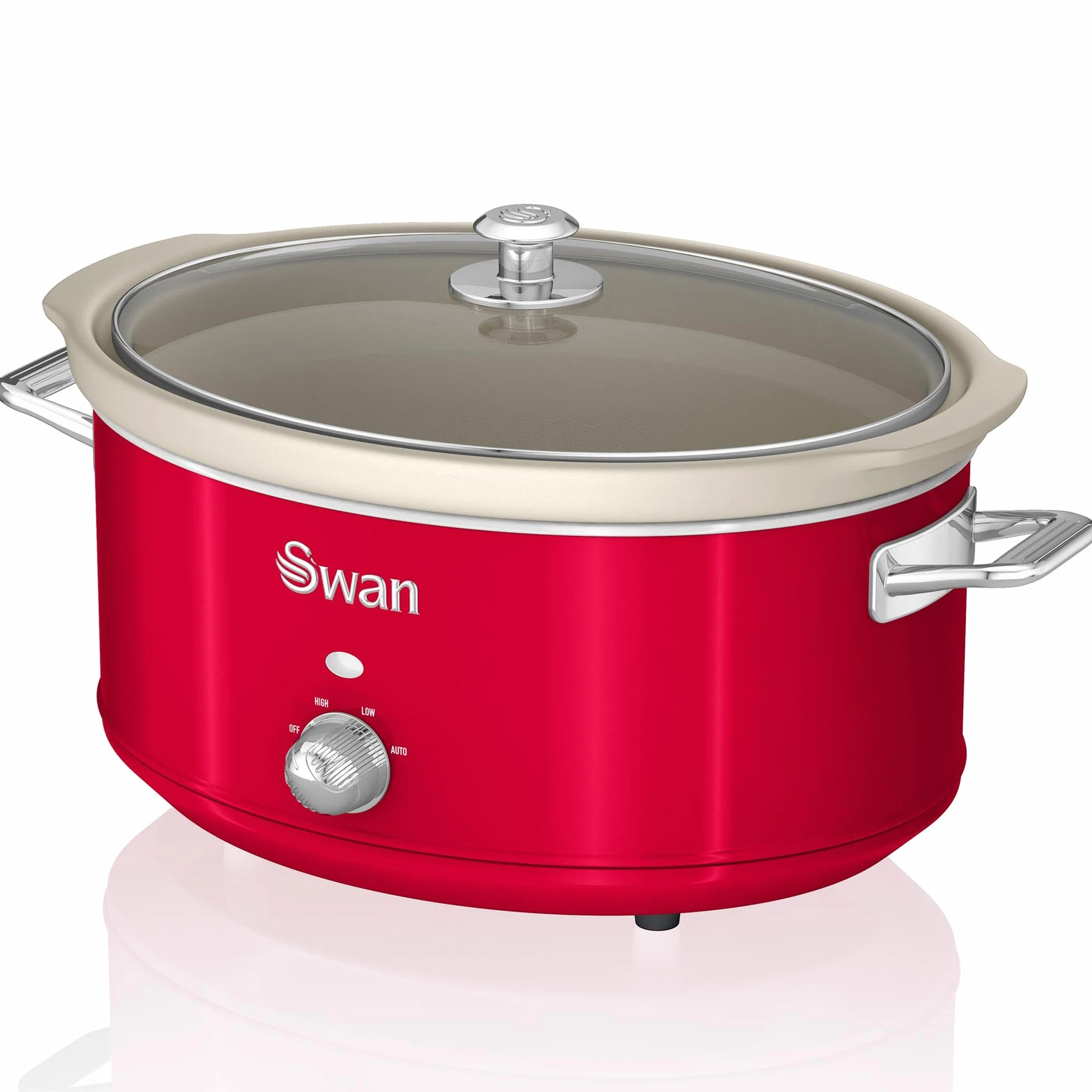 Swan Retro SF17031RNEU Mijoteuse, Récipient de Cuisson Amovible de 6,5 Litres, Slow Cooker, Céramique Antiadhésive sans PFOA ni PTFE, 3 Niveaux de température, Design Vintage, Rouge, 320W