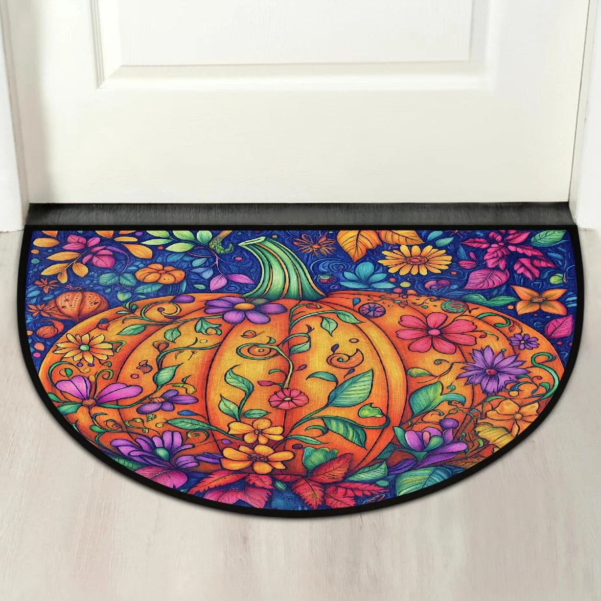 Mexpekil Grand paillasson d'intérieur avec fleurs de citrouille, tapis de bienvenue en demi-lune antidérapant doux 91,4 x 61 cm