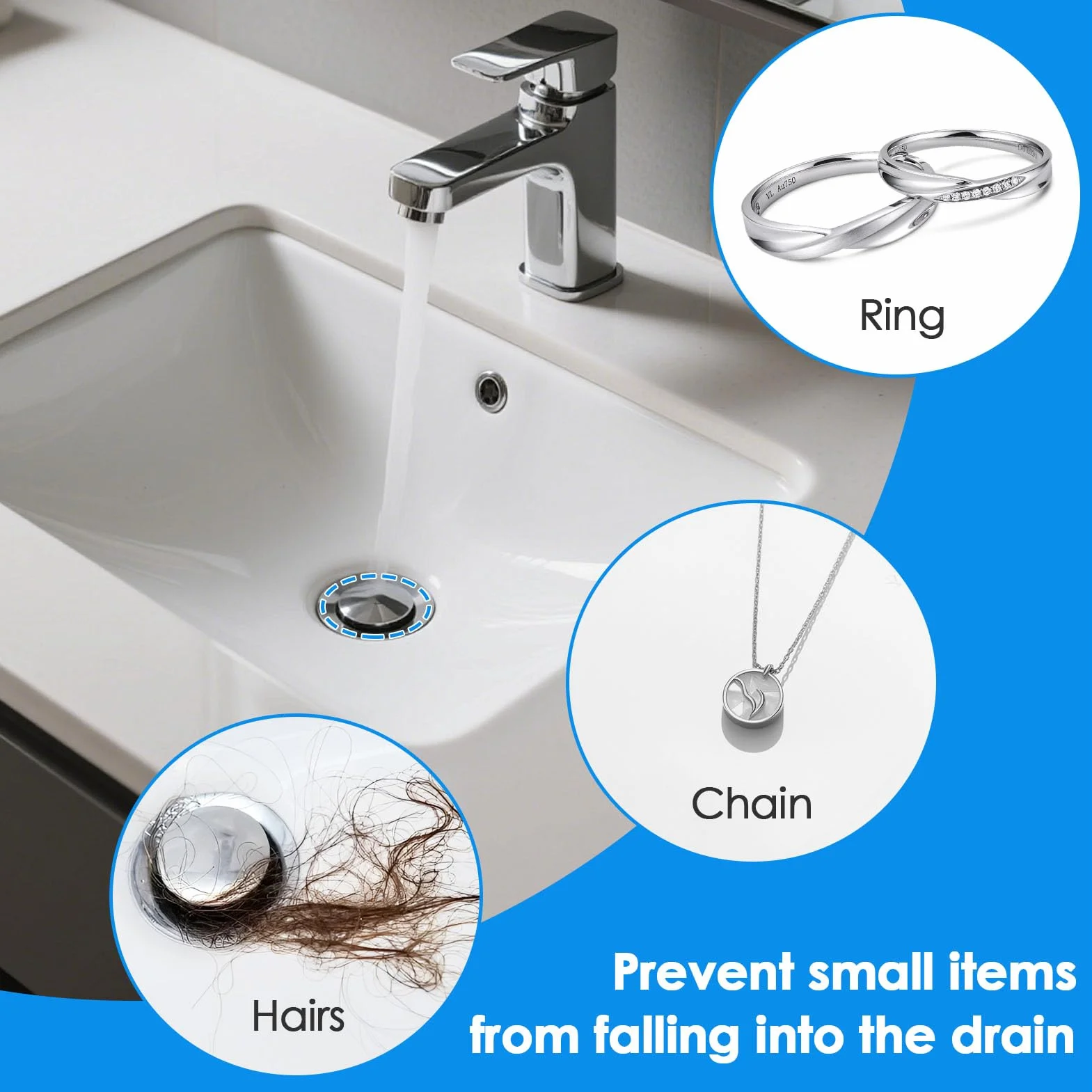 Bouchon Baignoire 43mm Double Joint d'Étanchéité Chromé Laiton pour Éviers Lavabos Standard Montage sans Outil Hauteur Réglable 45-70mm