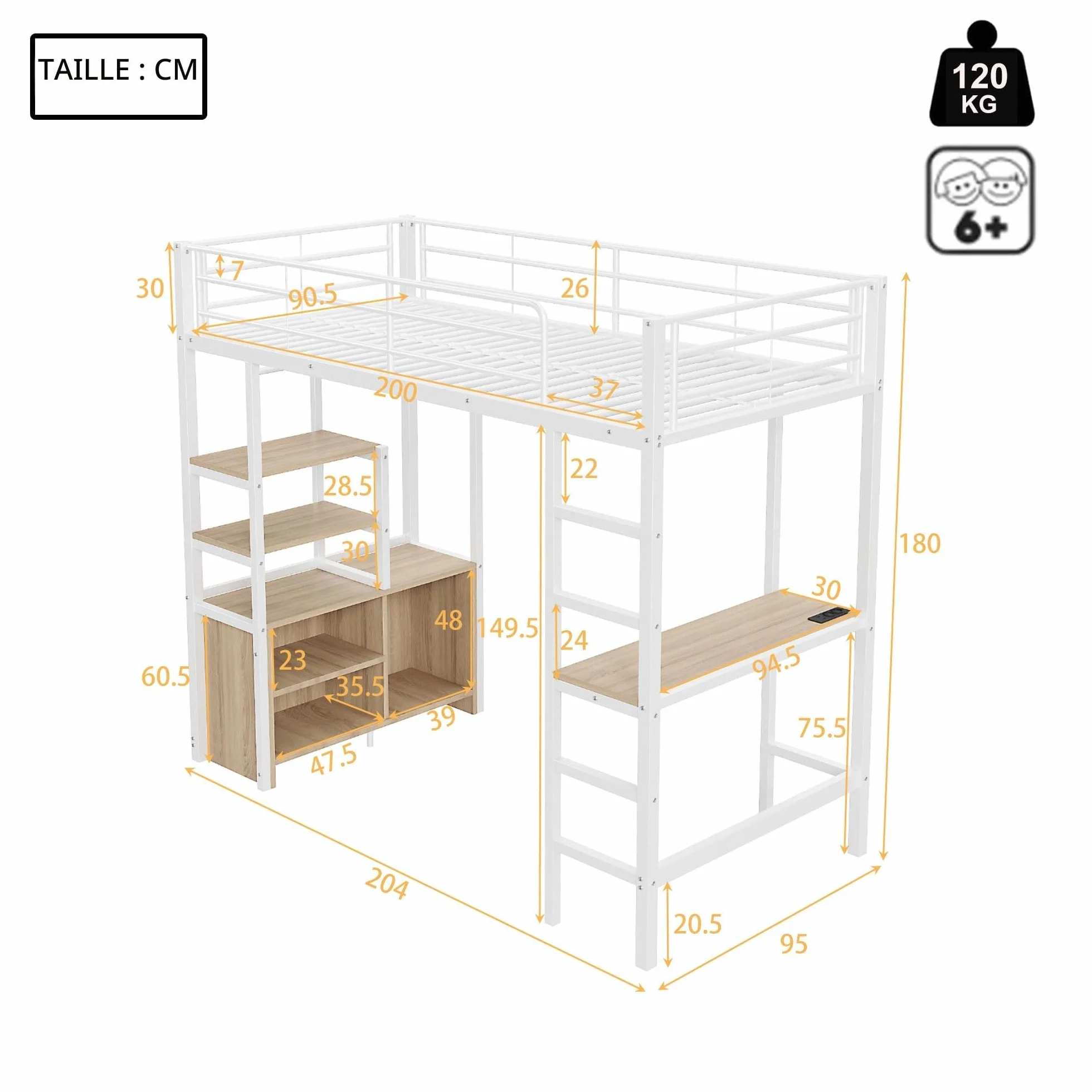 Lit Mezzanine 1 Place 90x200 cm avec USB, Lit Enfant en Métal avec Armoire de Rangement Ouverte, Lit Mezzanine Enfant avec Bureau et Plusieurs étagères, Lit en Hauteur avec échelle et Balustrade
