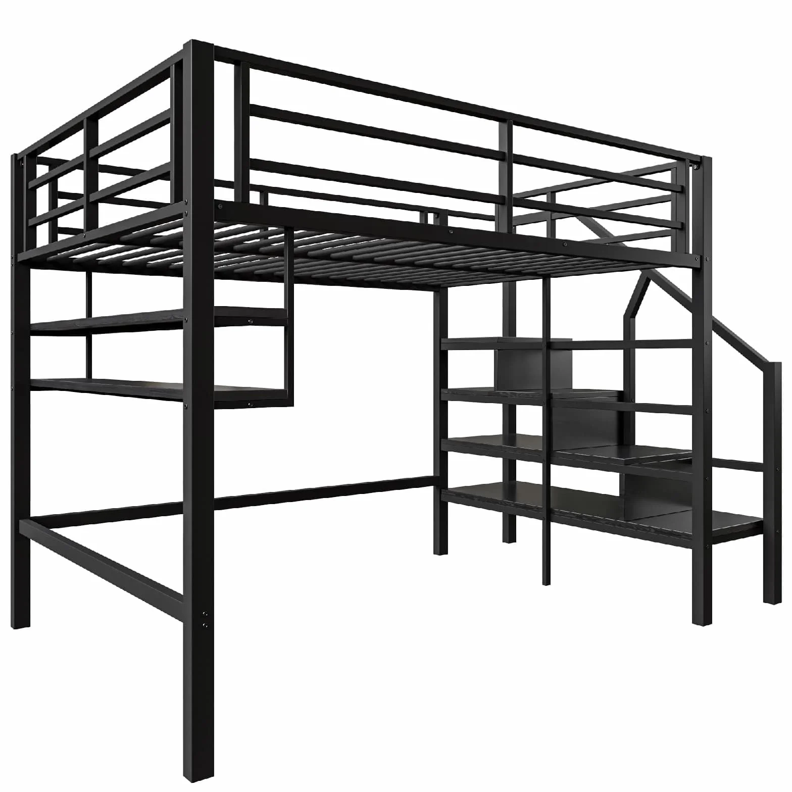 PUGSDRLY Lit Mezzanine 2 Place,Lit Mezzanine Enfant 140x200cm,lit superposé avec Escalier de Rangement et étagères,Design de Clôture Haute,pour Enfant et Adolescent (Noir)