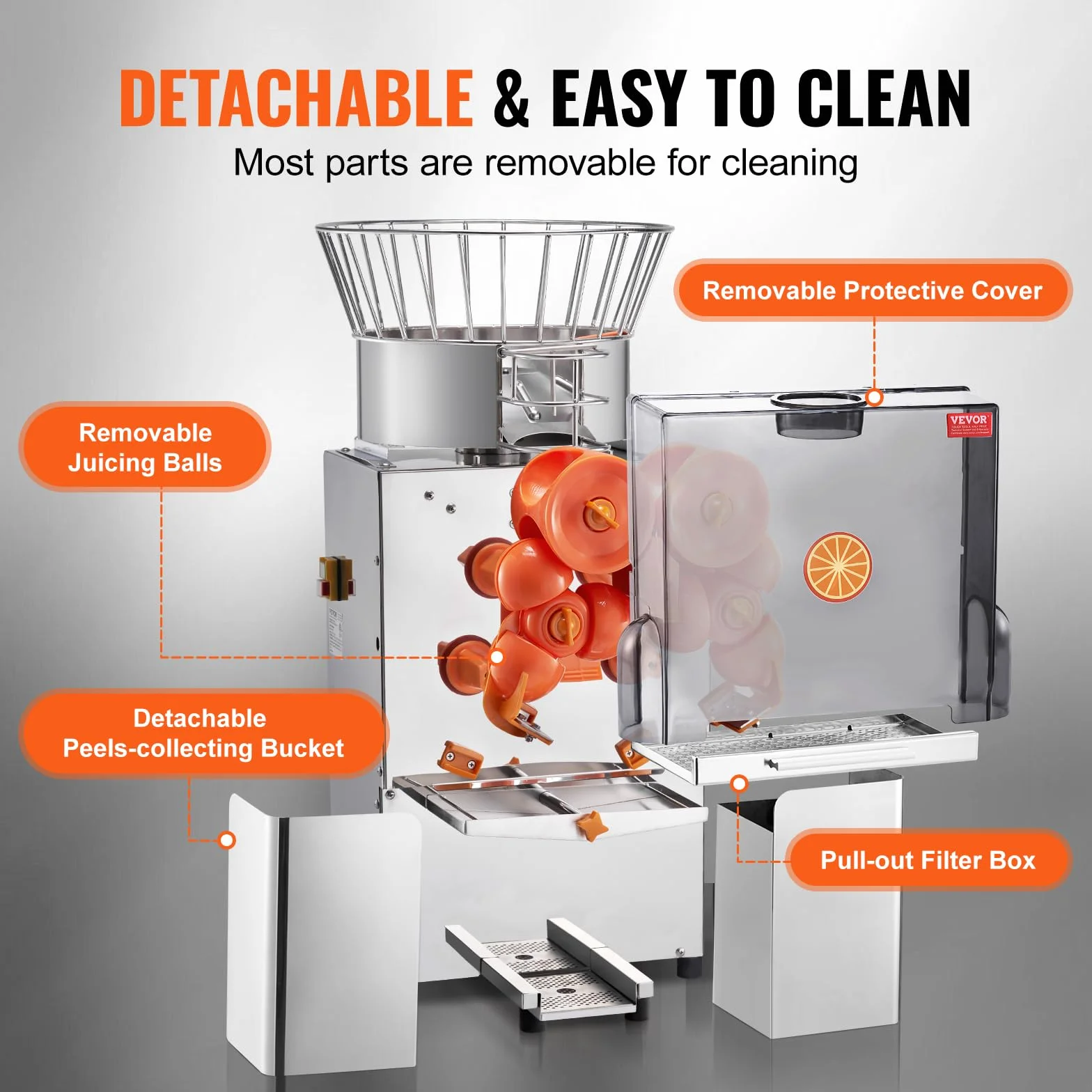 VEVOR Presse-Agrumes Électrique Commercial 120 W Extracteur de Jus Automatique 25 Oranges/min avec Filtre Extractible et Seau de Collecte d'Épluchure pour Orange Pamplemousse Restaurant Café Fruiterie