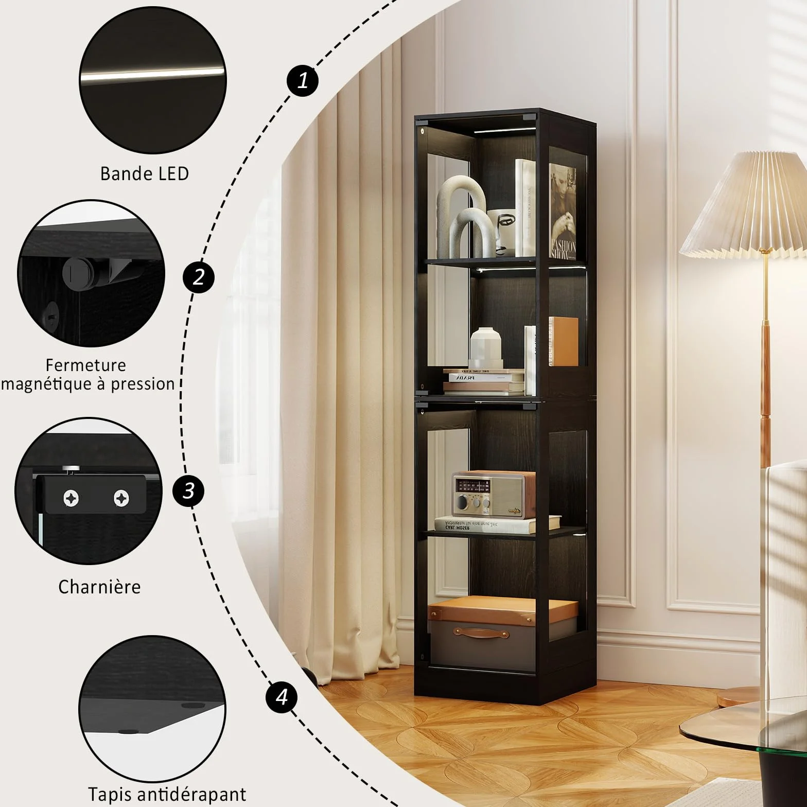 YU YUSING Vitrine Colonne en Verre avec Lumière Intelligente LED pour Collection, Armoire de Vitrine Moderne avec 4 Étagères, Mangathèque, Bibliothèque, Rangement Chambre Salon, 40 × 35 × 165 cm, Noir
