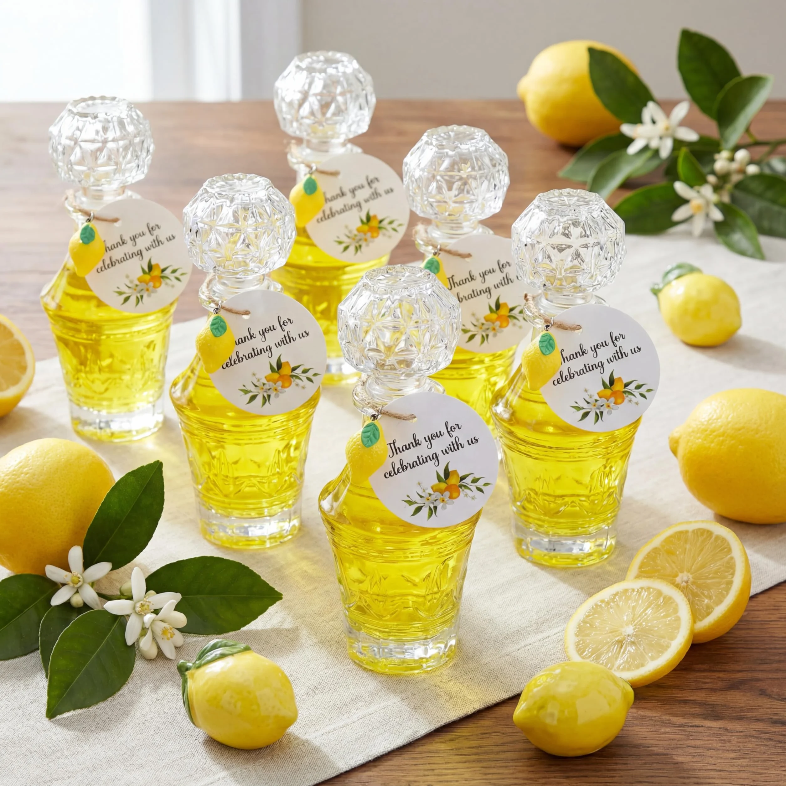 Chuangdi Lot de 16 mini bouteilles en verre Limoncello avec étiquettes - 50 ml - Pendentifs en forme de citron - Cadeaux de fête au citron pour brassage maison, mariage, baby shower, cadeaux (Rétro)