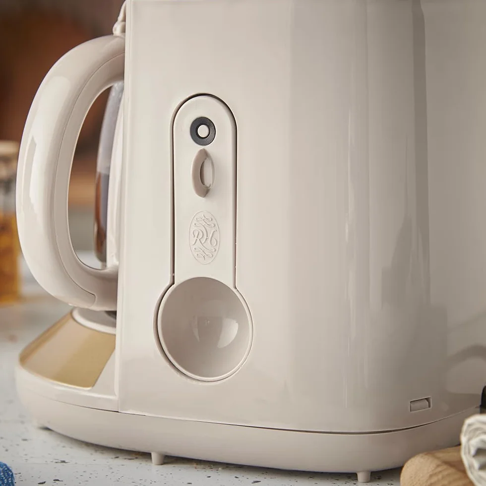 Russell Hobbs Cafetière filtre [1,25 L : 10-15 tasses, 1 100 W] Brontë Beige (technologie WhirlTech, anti-goutte, plaque chauffante, verseuse en verre, fonction pause et versement) 26781-56