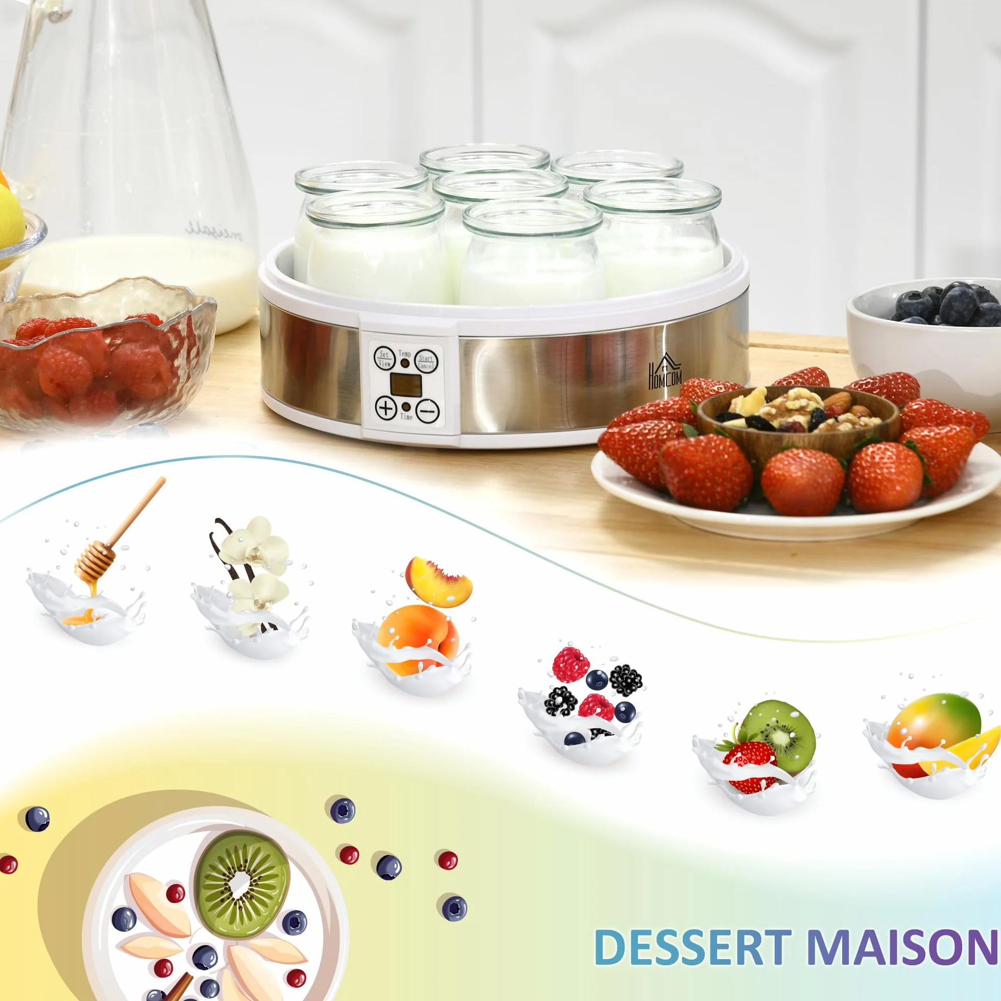 HOMCOM Yaourtière 7 Pots en Verre de 180ml, Machine à Yaourt Électrique en Acier Inoxydable avec Minuterie, Thermostat Réglable et Affichage LED pour Desserts Maison Sains, Blanc