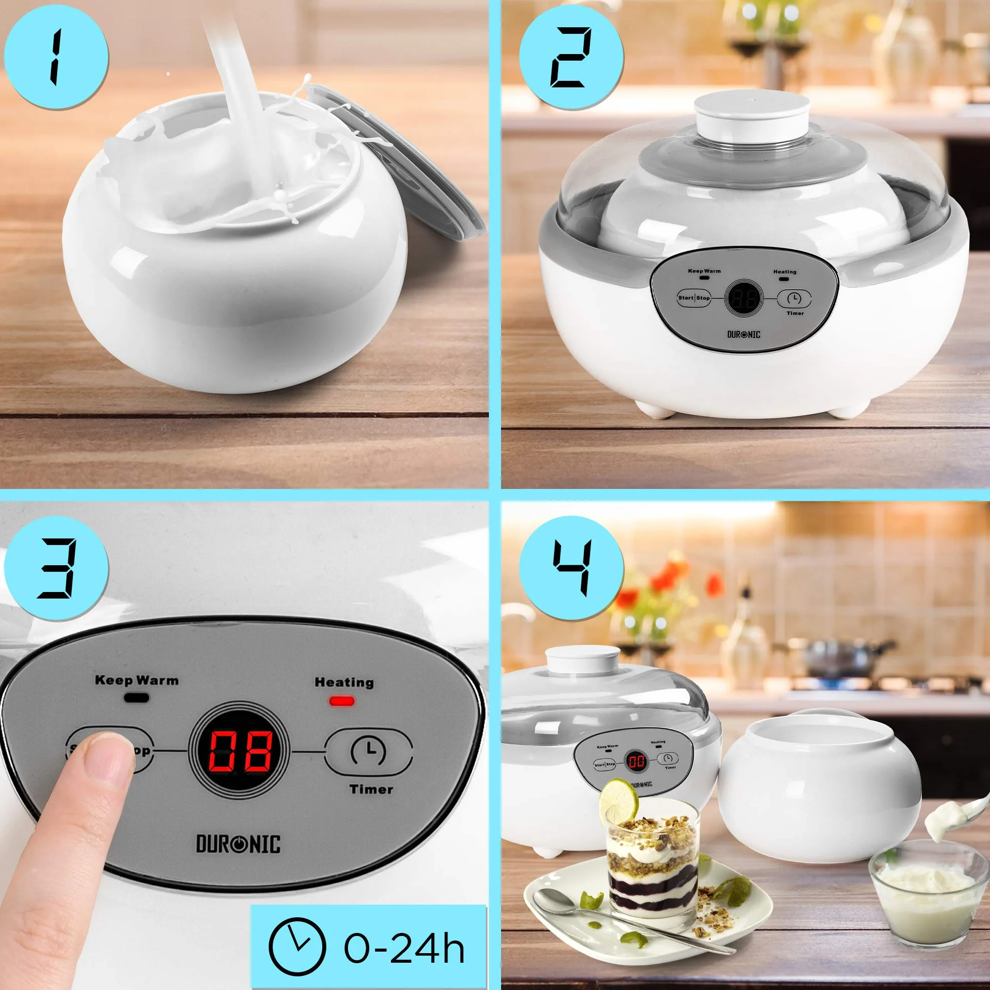 Duronic YM1 Yaourtière électrique programmable 1 pot de 1500 ml Machine à yaourt avec Thermostat et Pot de 1.5 L en Céramique Préparer des yaourts et desserts faits-maison