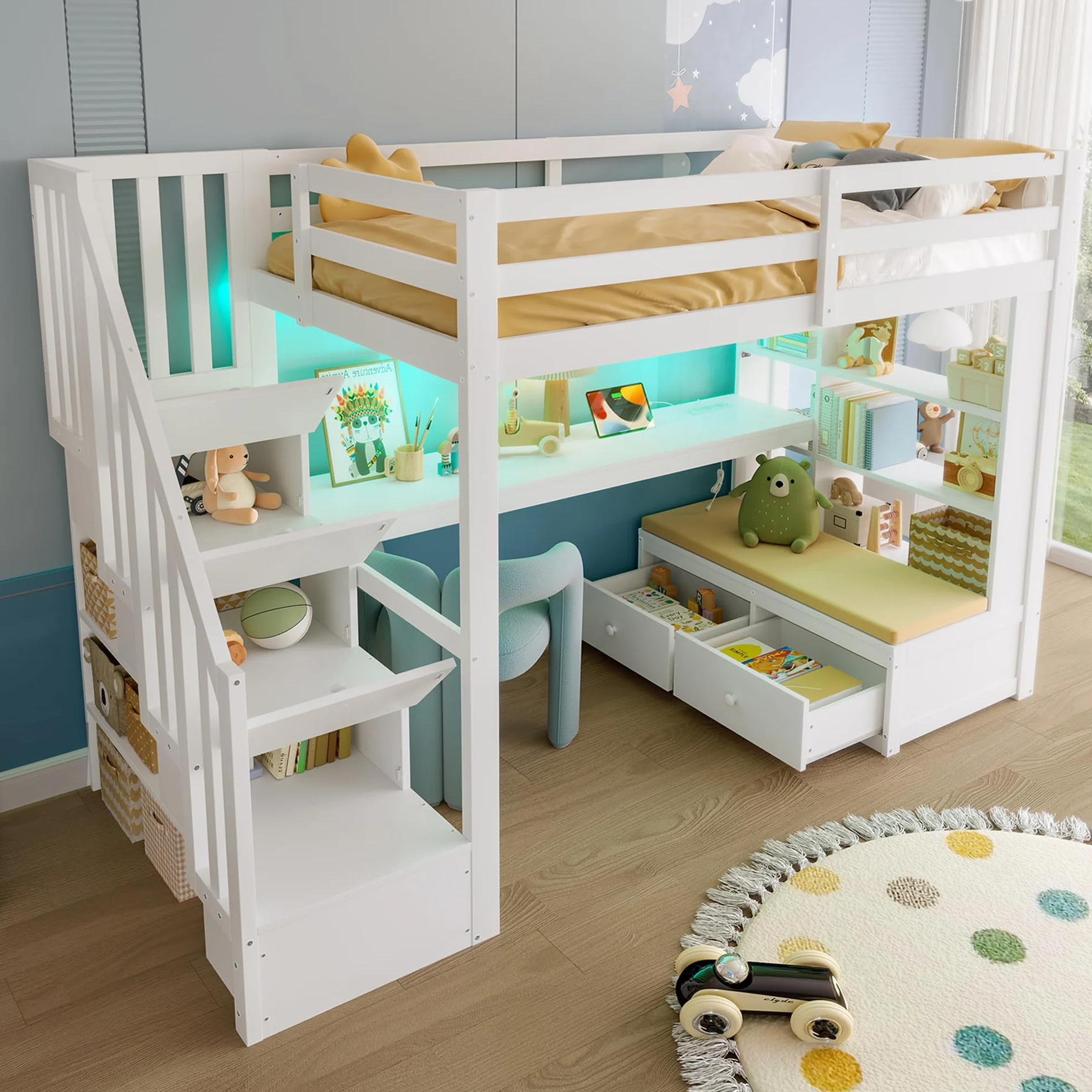Sapgaks Lit Superposé Enfant 90x200 avec Bureau et étagères, Lit Cabane Enfants 90x200 avec Escalier de Rangement et 2 Tiroirs Intégrés, Lit Mezzanine 1 Place avec Barriere en Bois, Blanc