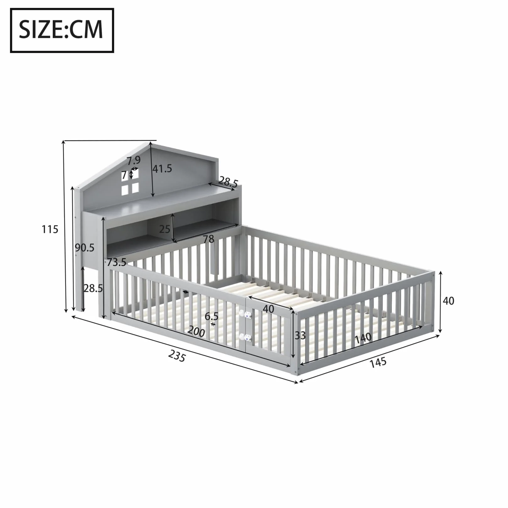 Lit Au Sol Enfant 140x200 avec Rangement-étagère,Tableau Noir,Porte et Barrière de lit Haute,Cadre de Lit Montessori 2 Personnes avec Sommier à Lattes Solide,Pin (Gris, 140x200)