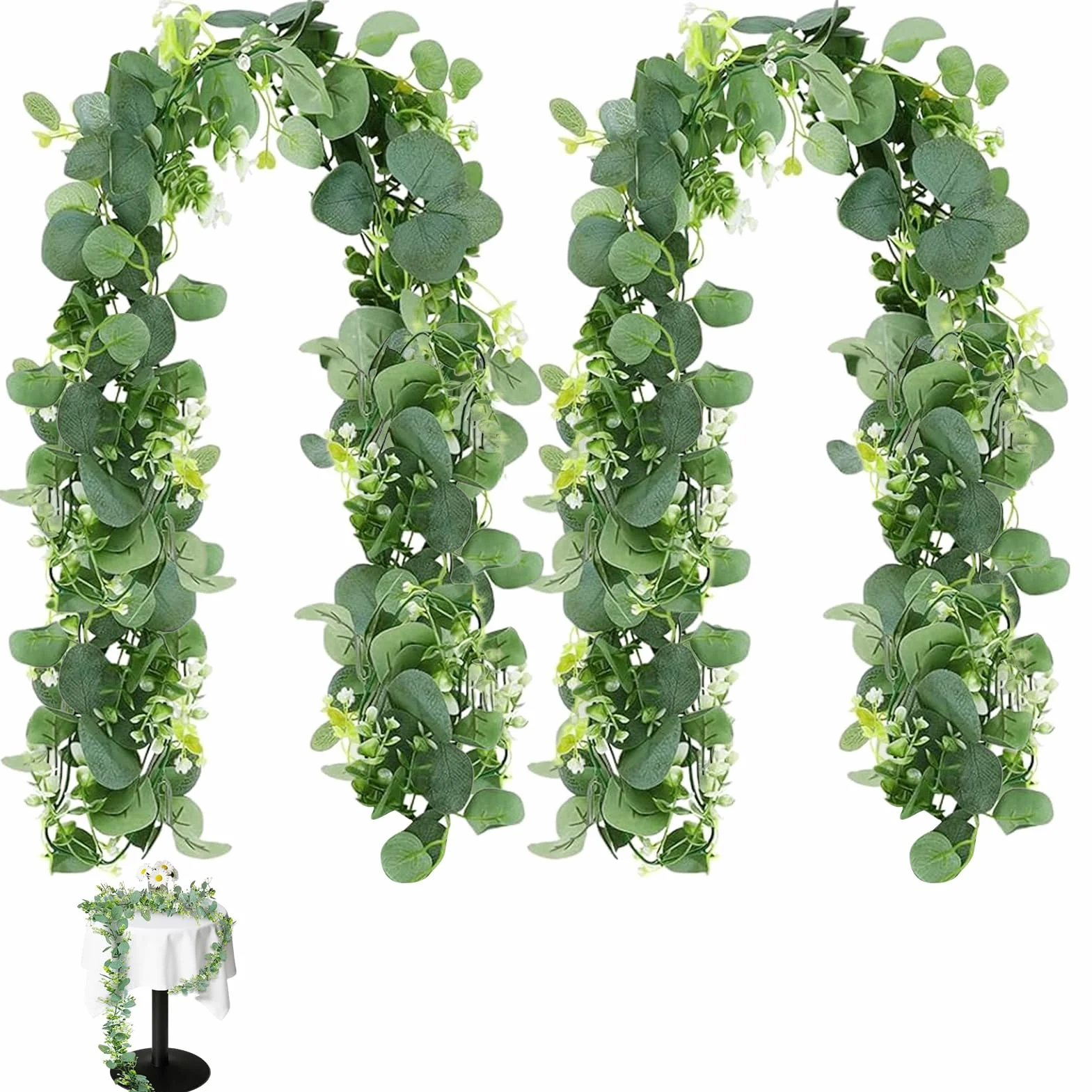 Guirlandes Artificielles d'Eucalyptus 1.8m avec Fleurs Blanches pour Mariage, Salon, Mur