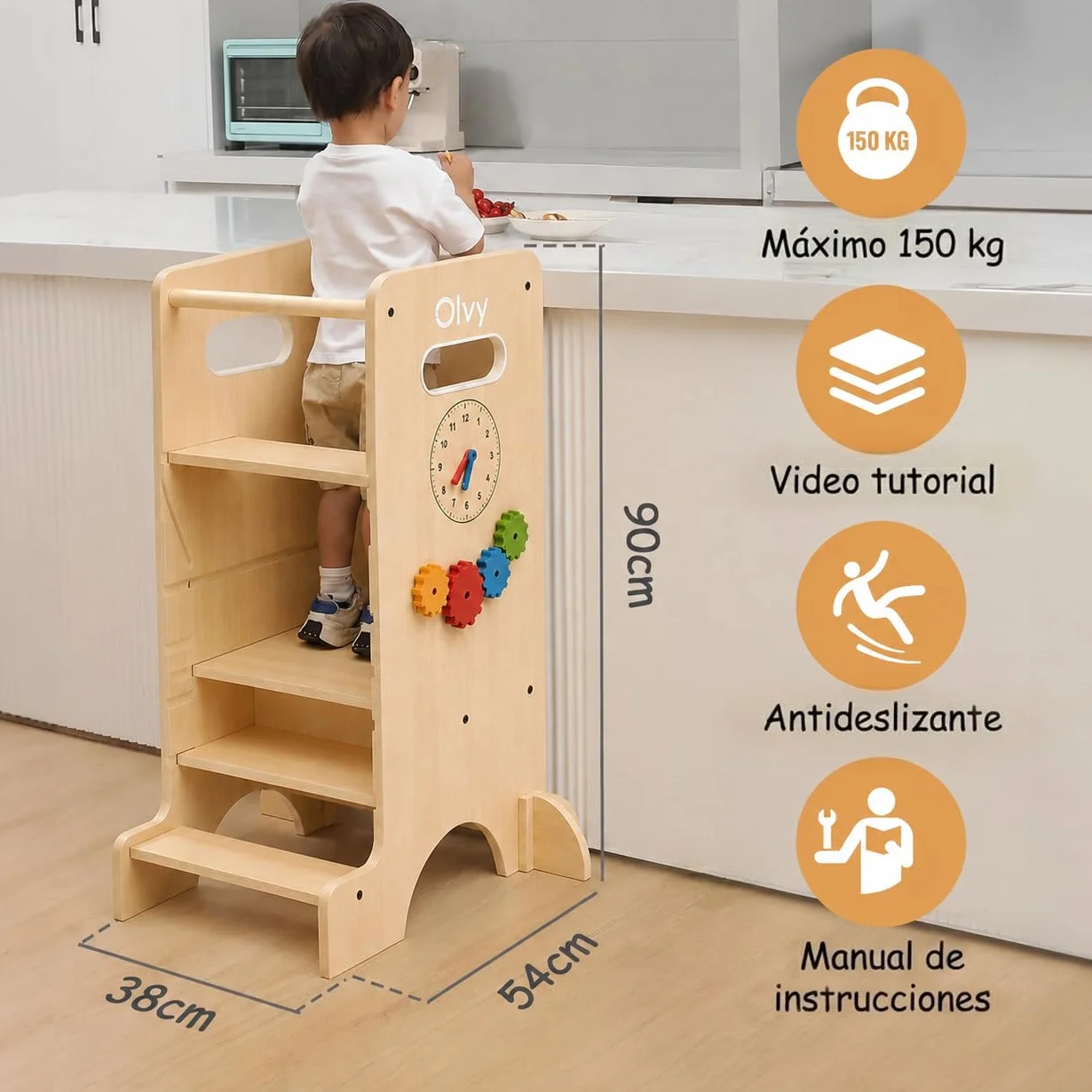 Tour d'apprentissage Montessori 4 en 1 Olvy Kids - Échelle en Bois - Tabouret escabeau à 4 marches - Tour de Cuisine pour Enfants - Tour d'apprentissage Debout pour Enfants à partir de 1 an