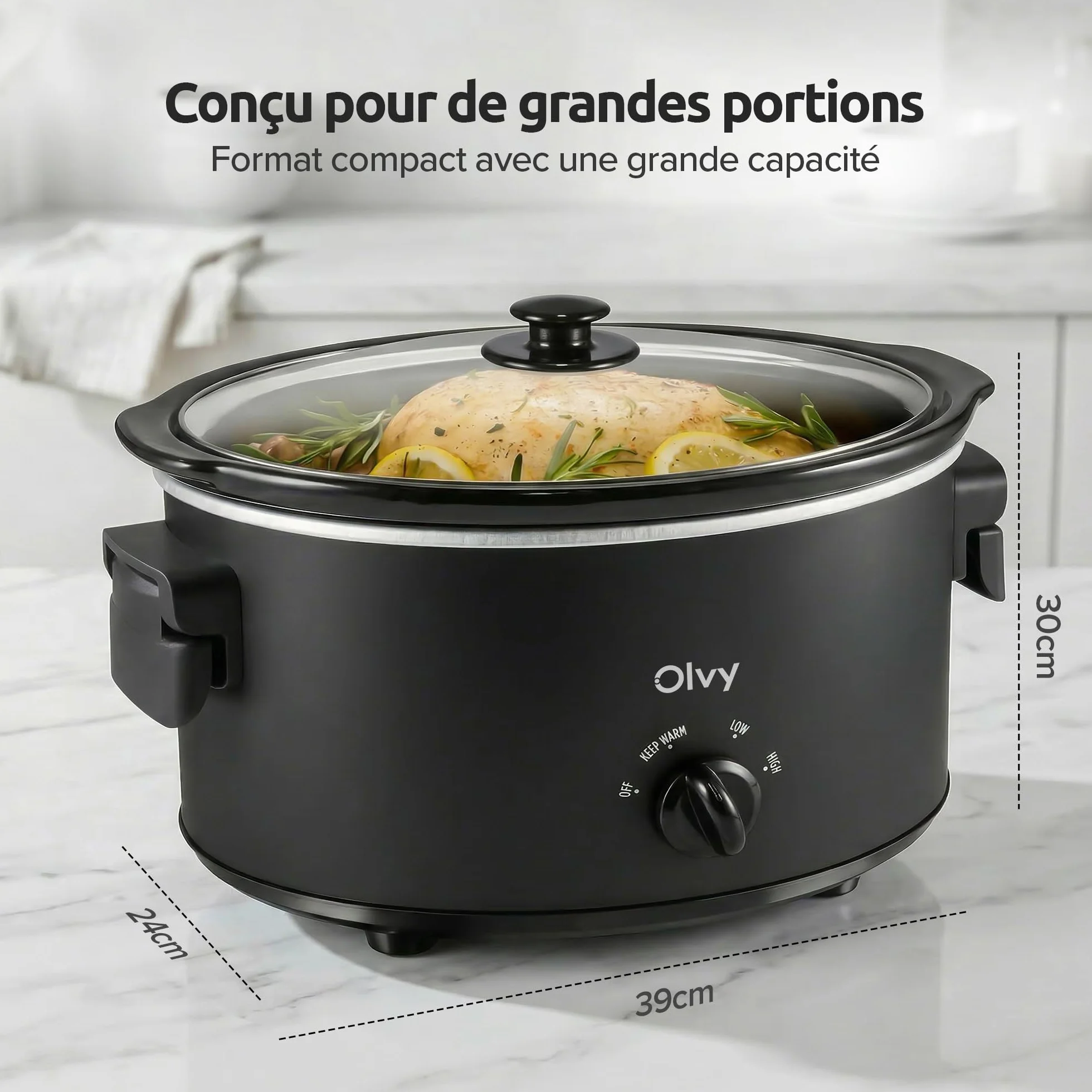 Olvy Mijoteuse 6 l en céramique avec 3 niveaux de cuisson et poignées pliables