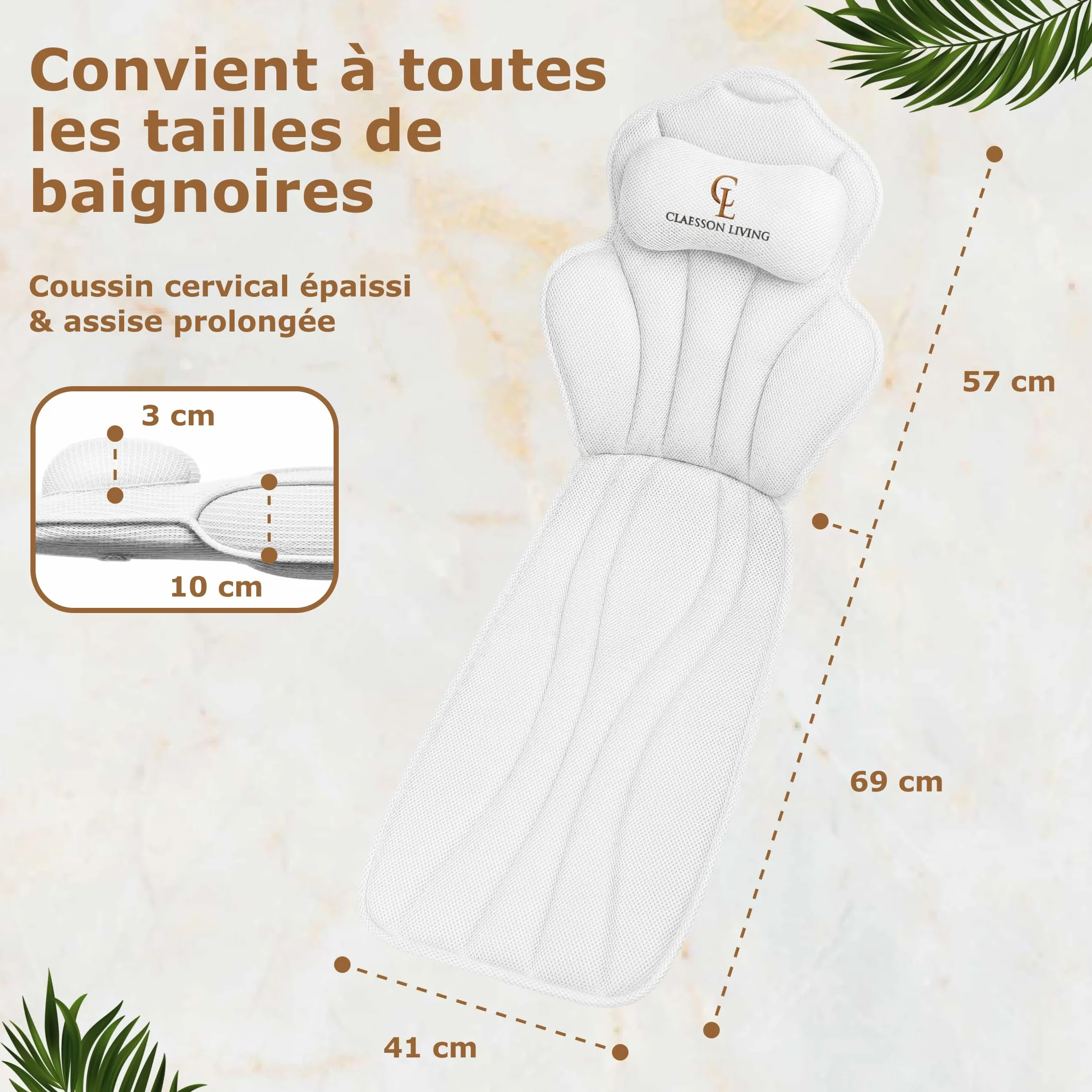Coussin Baignoire Corps Complet Claessonliving (152x56cm) - Matelas de Bain avec appuie-tête (11cm) & Supports Corps - Coussin Baignoire Adulte - Oreiller Baignoire - Sacs de Lavage Inclus - Blanc