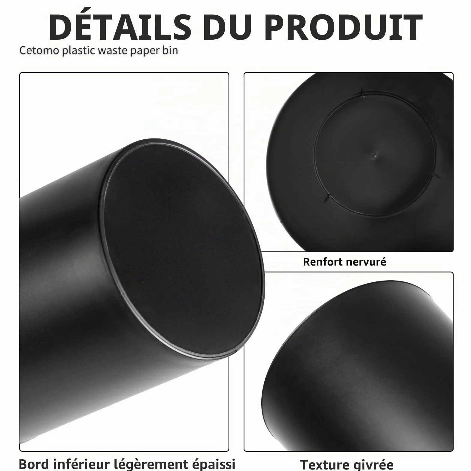 Cetomo Poubelle en Plastique 7.2L Corbeille à Papiers Empilable Noir 3 Pièces
