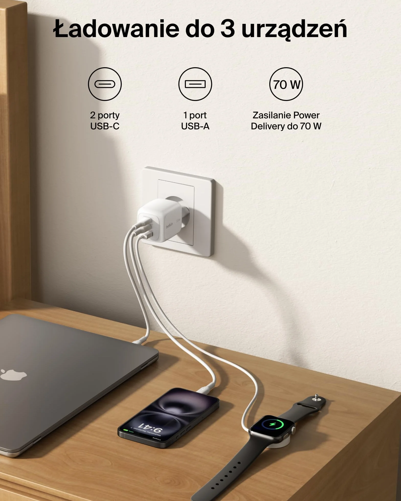 Belkin 3-portowa ładowarka USB-C GaN 70 W, 2 porty USB-C i 1 port USBA, końcówki wtyczek US/UK/UE, szybkie ładowanie urządzeń MacBook, iPhone, iPad Pro, Samsung Galaxy, Google Pixel i innych – Biała