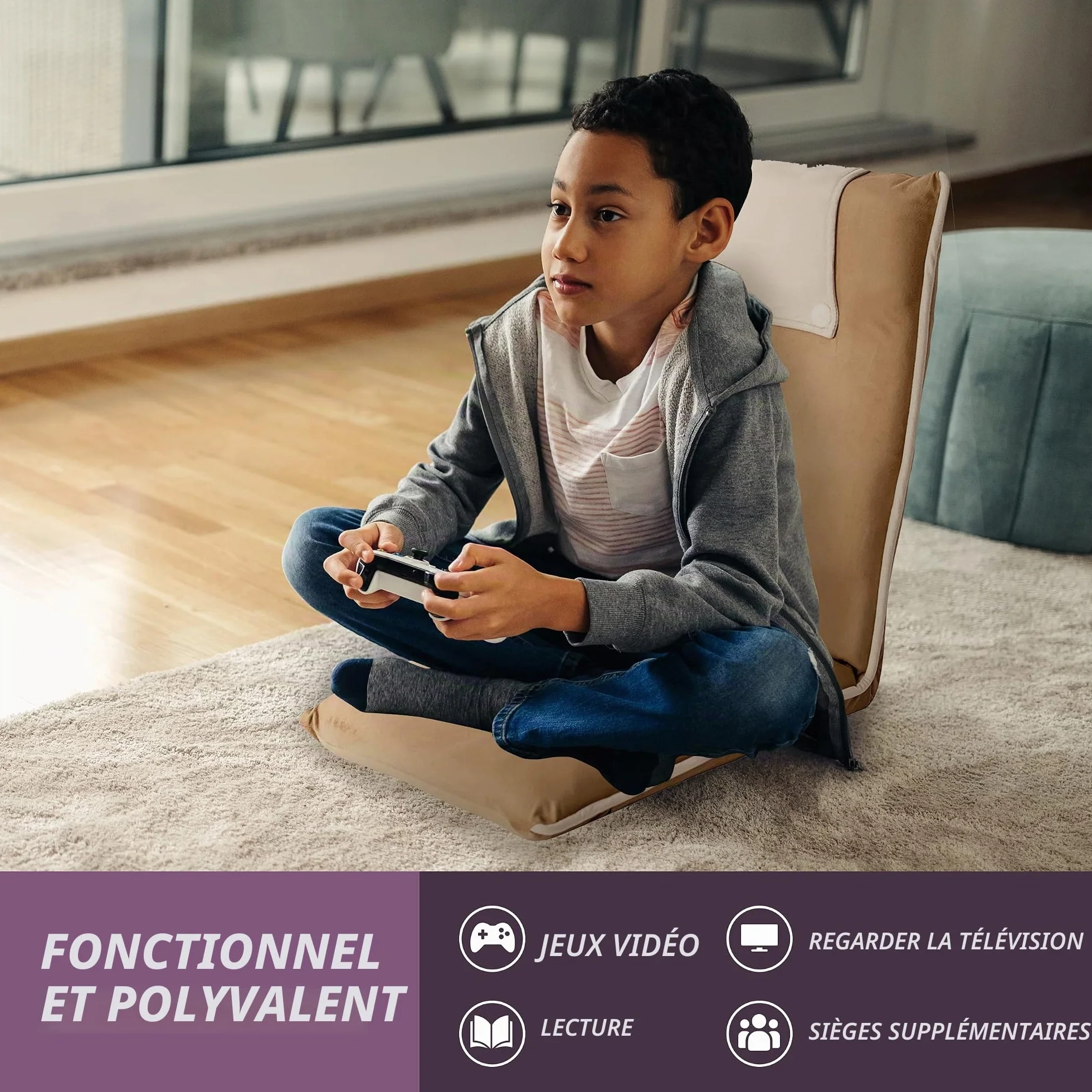 bonVIVO Easy II Fauteuil de Sol Rembourré pour Adultes et Enfants avec Dossier Réglable - Chaise de Sol Pliable, Siège Méditation, Yoga