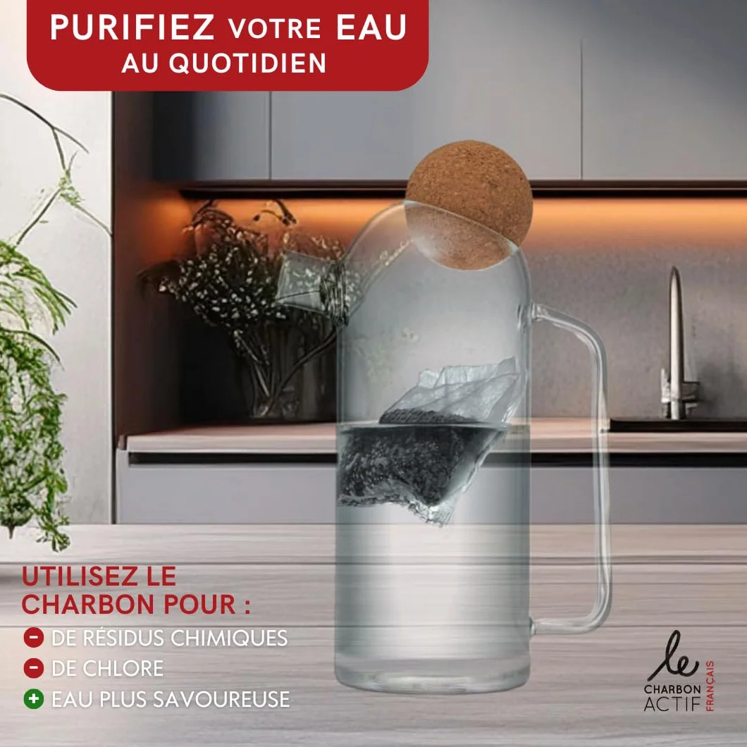 Carafe Filtrante en Verre 1L - inclus 2 cartouches filtrantes au charbon végétal activé sans BPA - Filtre eau du robinet réduit PFAS calcaire chlore pesticides métaux lourds
