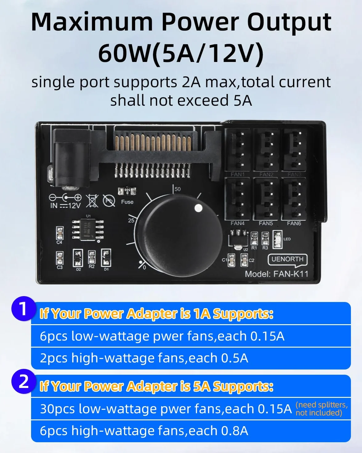 GELRHONR Kontroler wentylatora PWM, 6-portowy, 4-pinowy, 12 V PWM-PC, wejście prądu SATA i DC 5521, czarny (PWM 1-6)