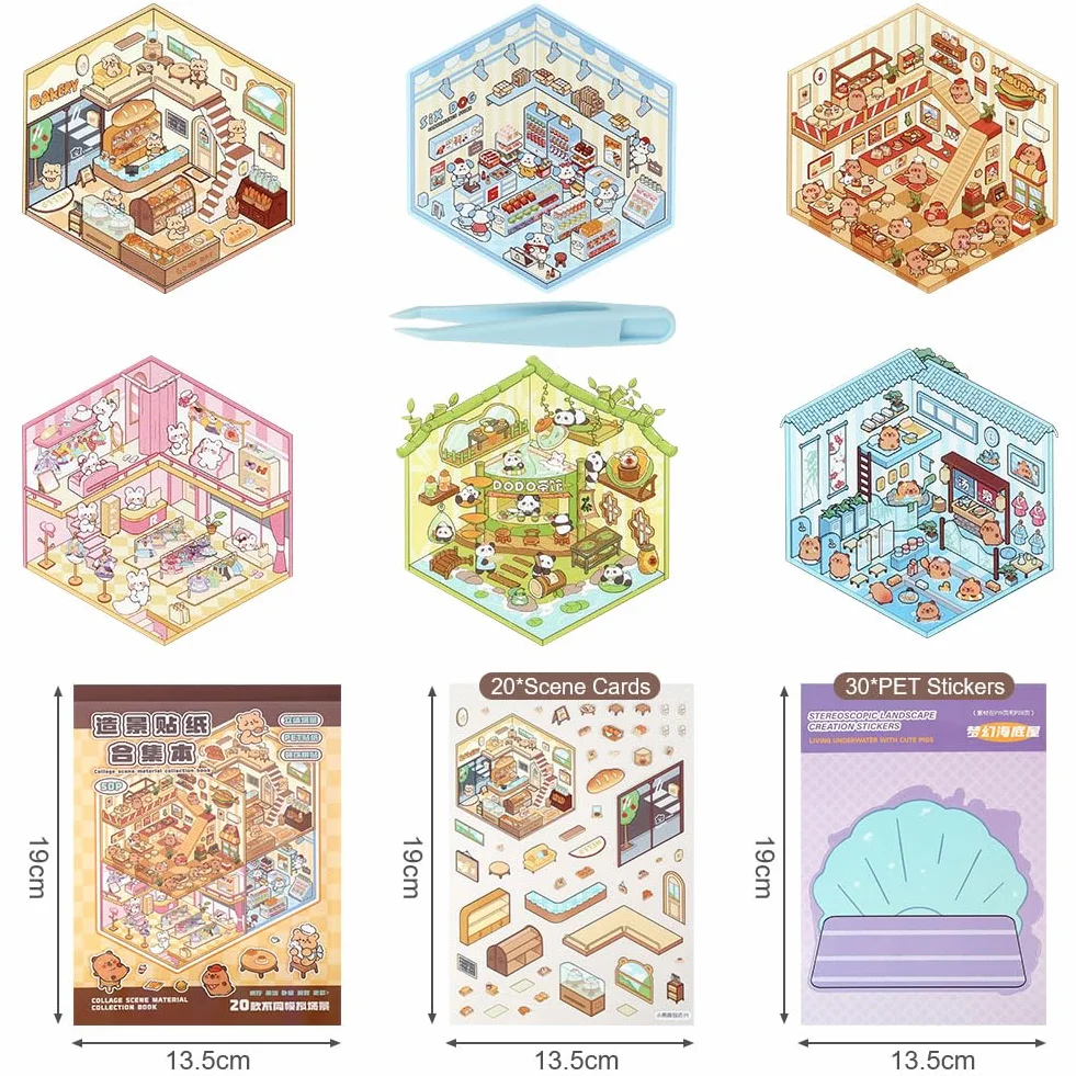 Vicloon Autocollants de Maison 3D, 50 Feuilles DIY Miniature Scène Anti-stress avec Pince