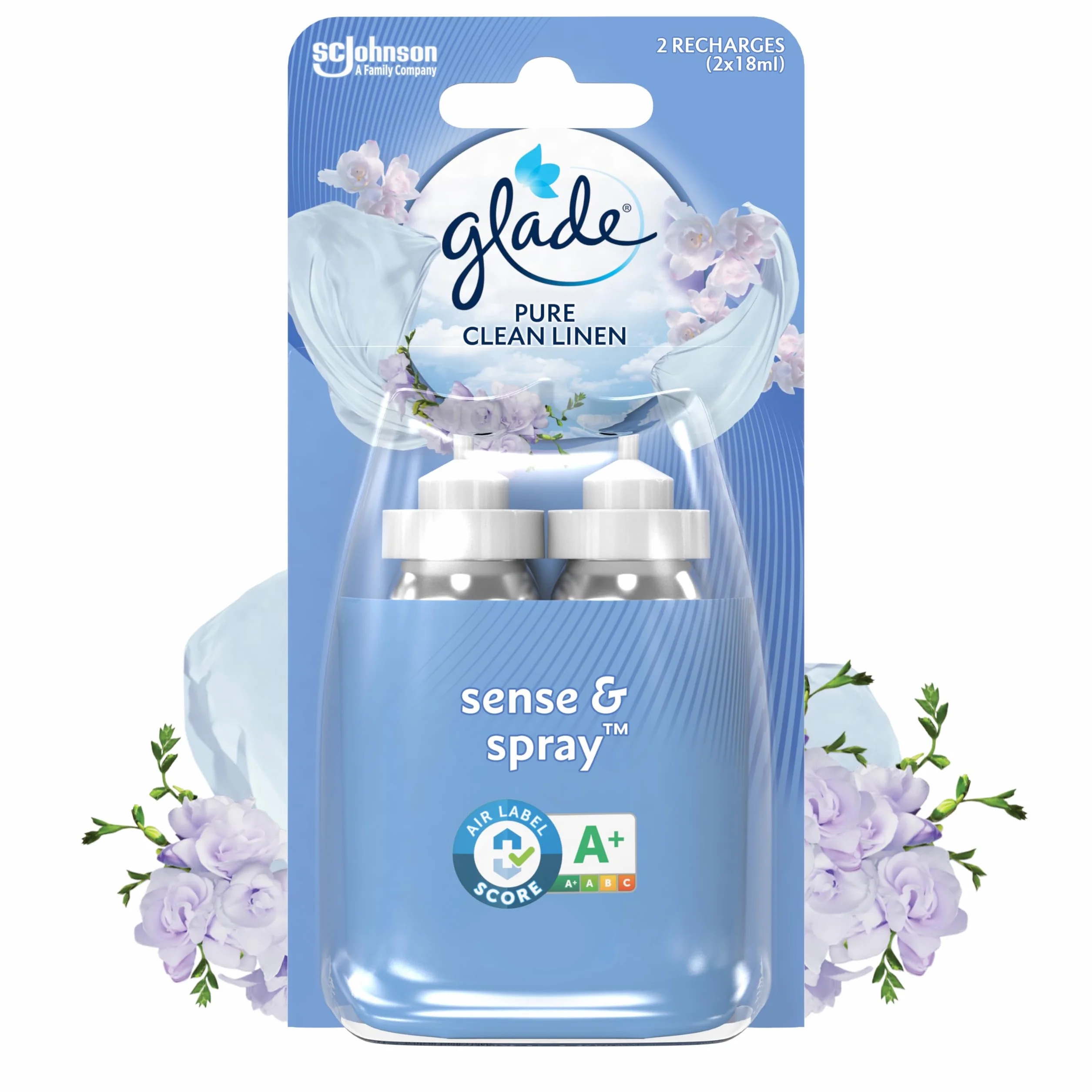 Glade Sense et Spray Recharge Duopack Diffuseur à Détection de Mouvement Infusé Aux Huiles Essentielles Pure Clean Linen