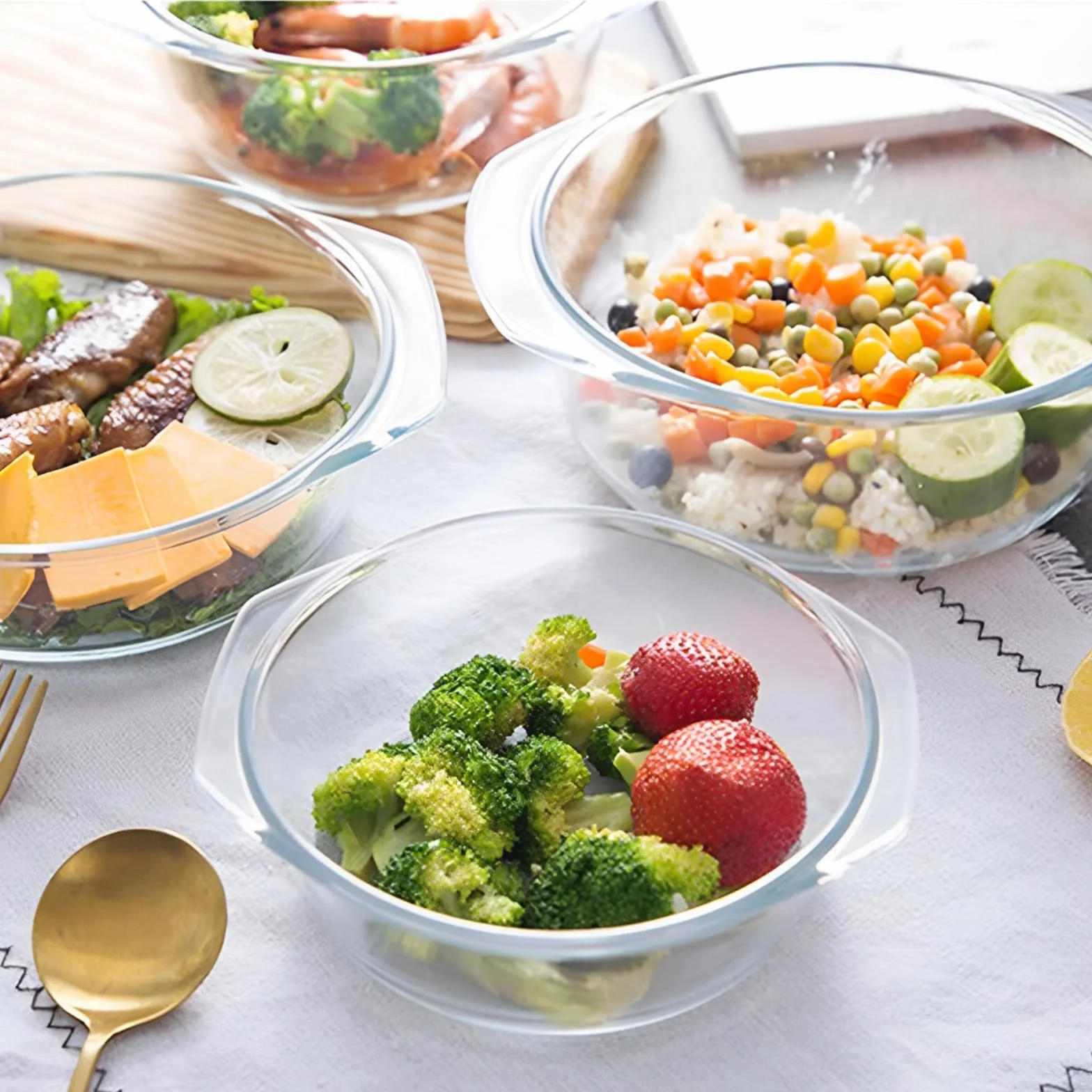 DAJAVE Lot de 3 couvercles ronds en verre avec couvercle et poignées pour salade de fruits, viande