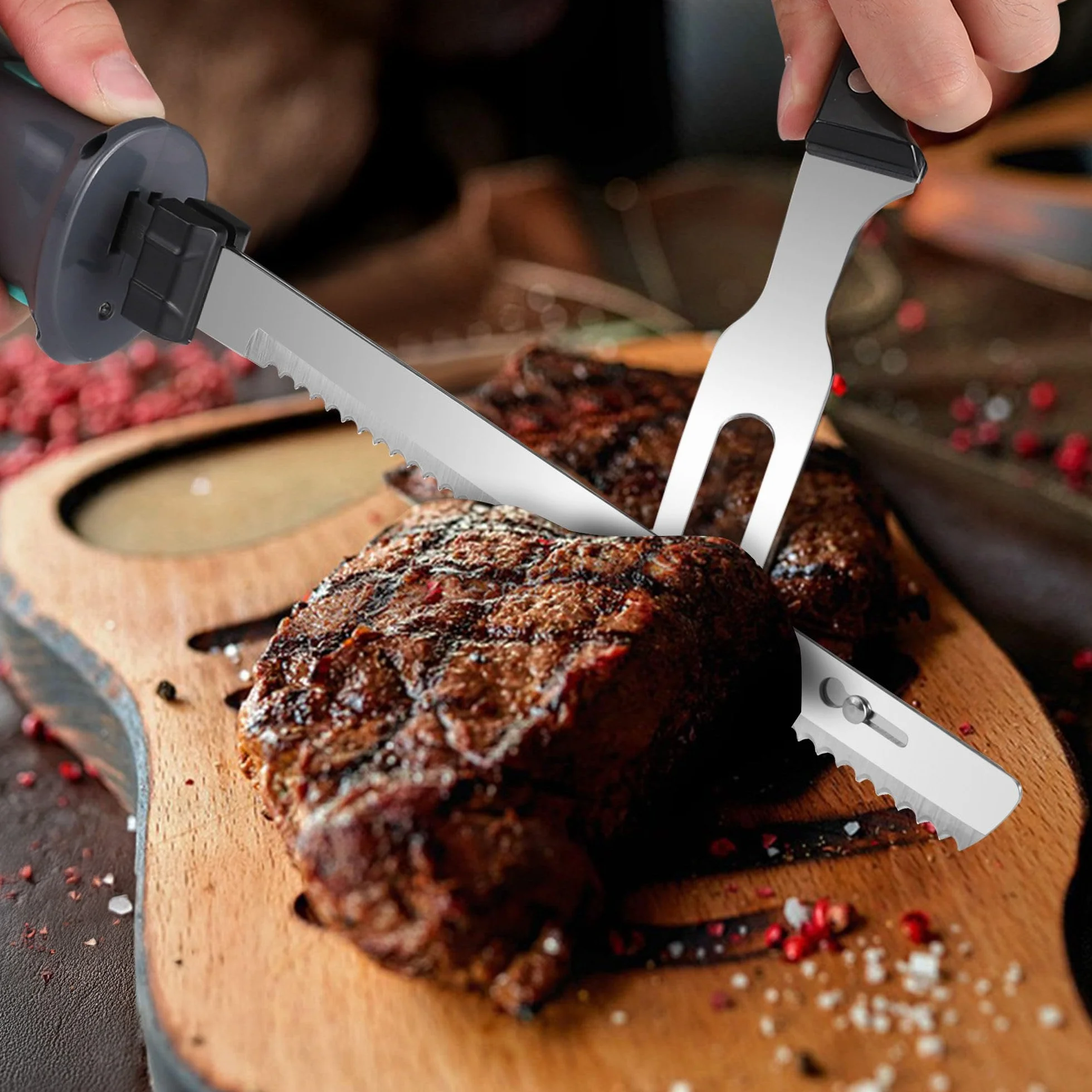 HAUSHOF Couteau à Pain Électrique sans Fil 8V, Lame de 178/203mm et Fourchette, Chargement de Type C, Indicateur d'Alimentation, Lavable au Lave-vaisselle, Couteau de Cuisine pour Viande, Pain, Gris