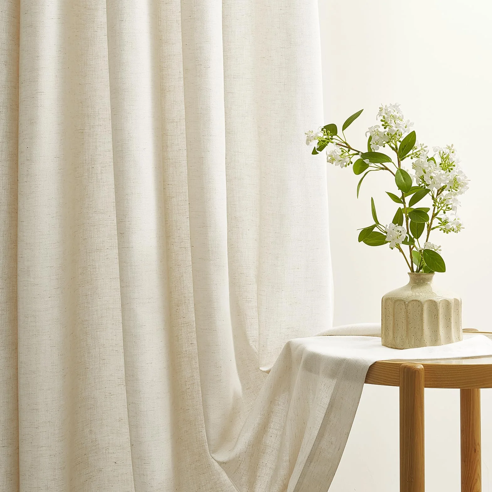 Topfinel Rideau Voilage Lin Coton 140x240cm Beige Semi Occultant à Oeillets 2pcs