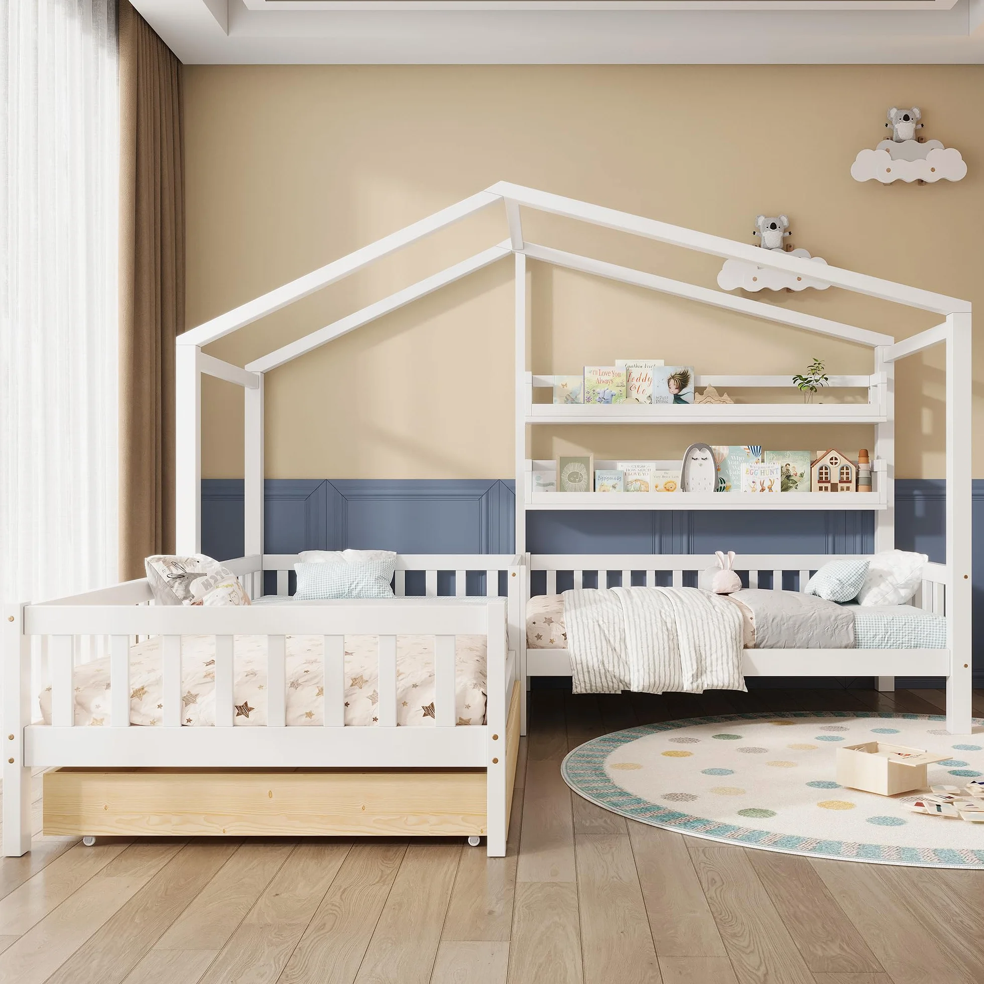 Merax Lit de maison, avec tiroirs et étagères, lit d'enfant, 90 x 200 cm et 140 x 70 cm, lit de jeu en bois massif avec clôture et sommier à lattes, structure en L, pour 2 enfants, lit double, blanc