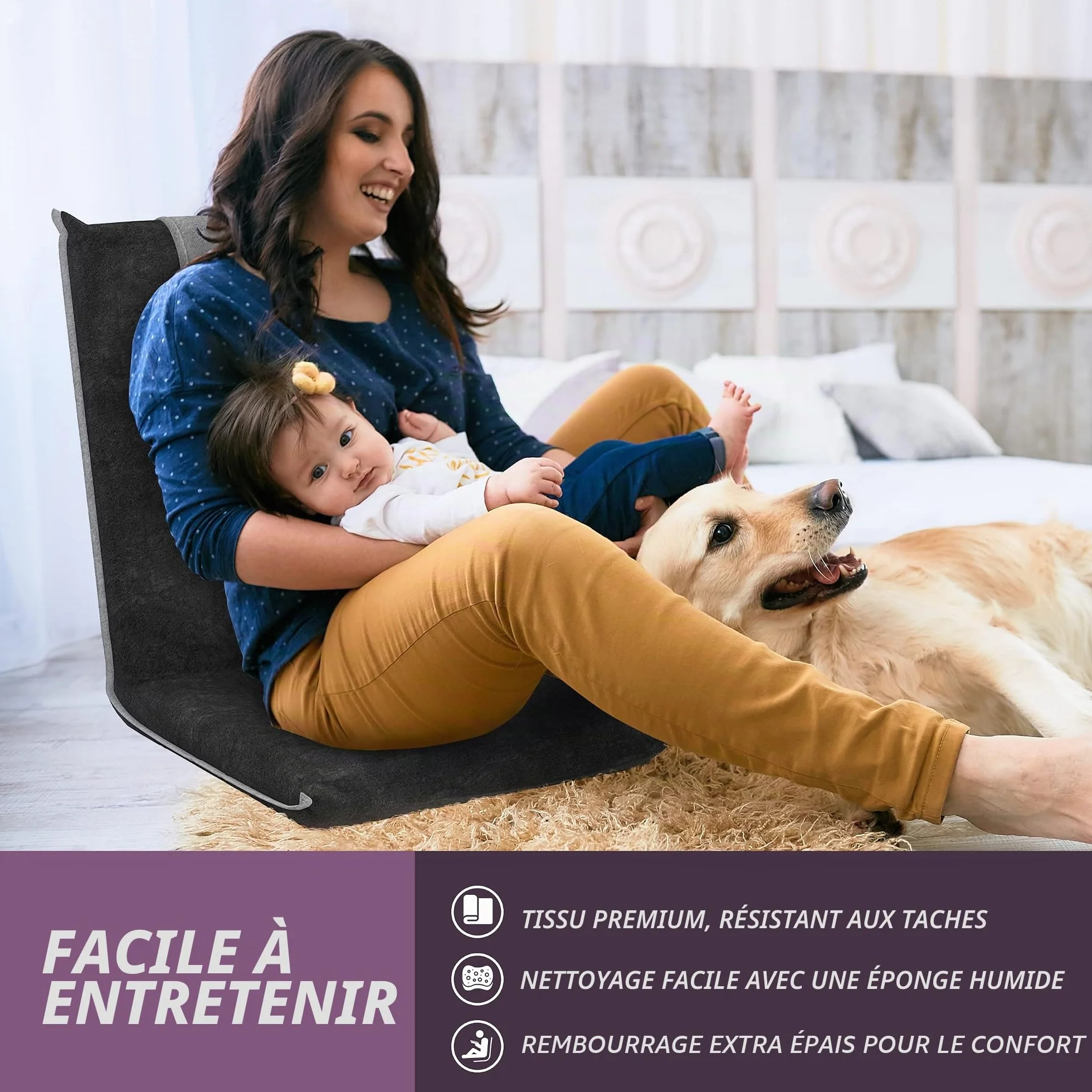 bonVIVO Easy II Fauteuil de Sol Rembourré pour Adultes et Enfants avec Dossier Réglable - Chaise de Sol Pliable, Siège Méditation, Yoga