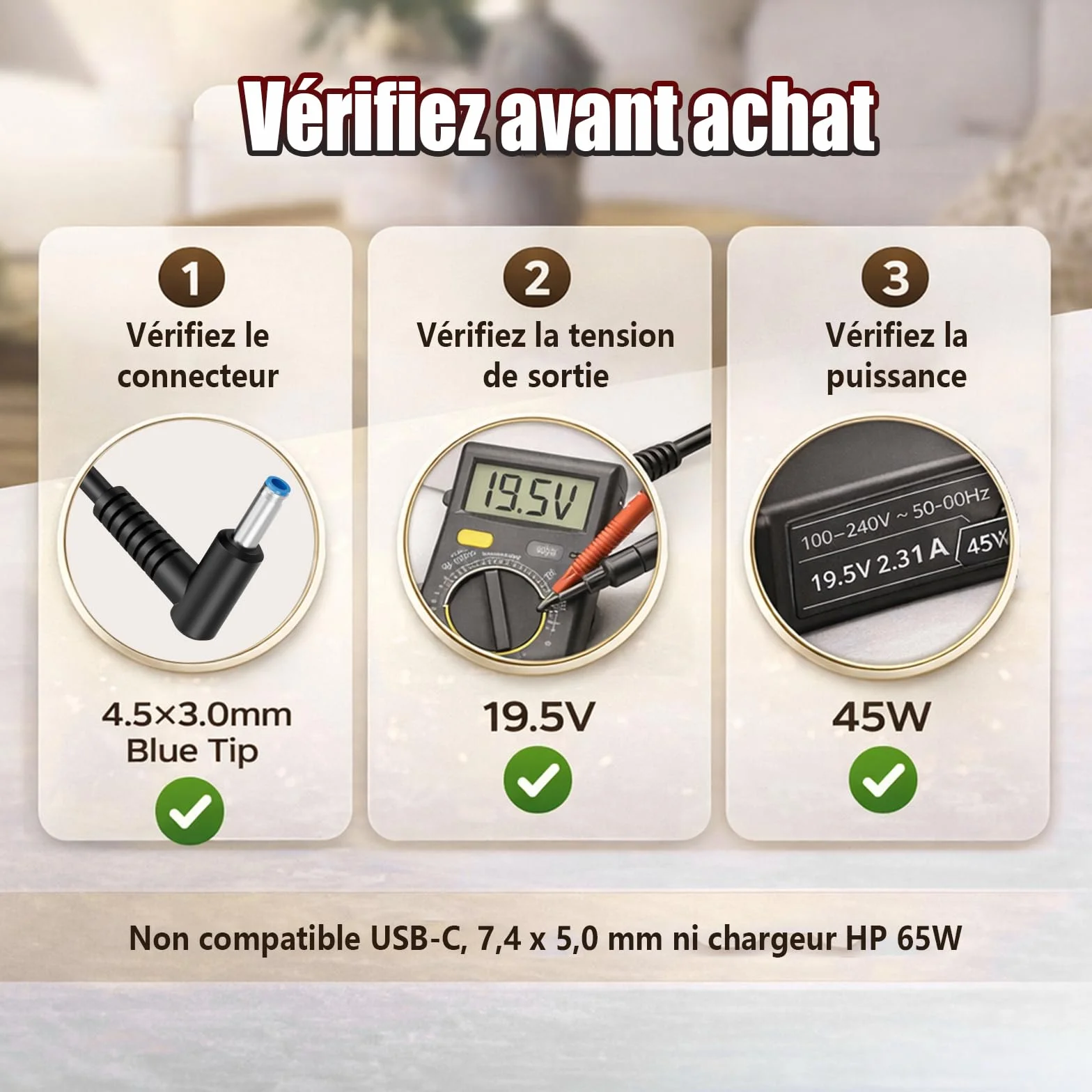 Chargeur Ordinateur Portable 45W Compatible HP Elitebook 840 850 ProBook 430 440 450 Pavilion X360 Stream Envy 19.5V 2.31A