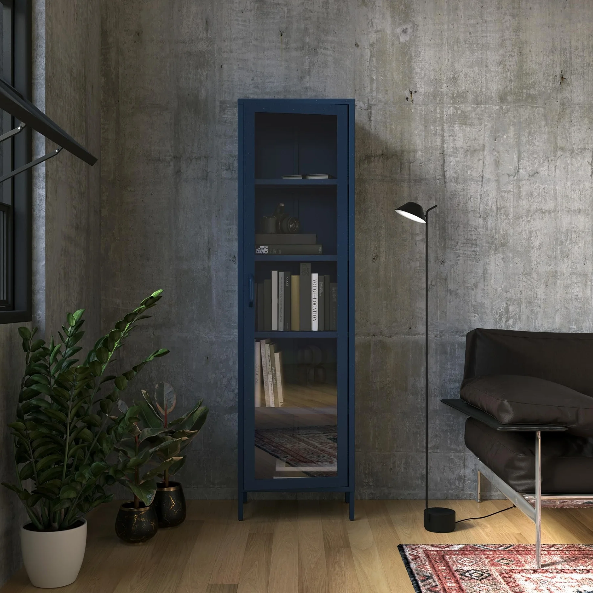 Jan Nowak Luigi Armoire vitrine à 1 Porte - 50 x 180 x 35 cm - 4 étagères réglables - Verre trempé - Montage Mural - Vitrine en Verre Debout - Armoire de Salon Scintillante - Bleu foncé