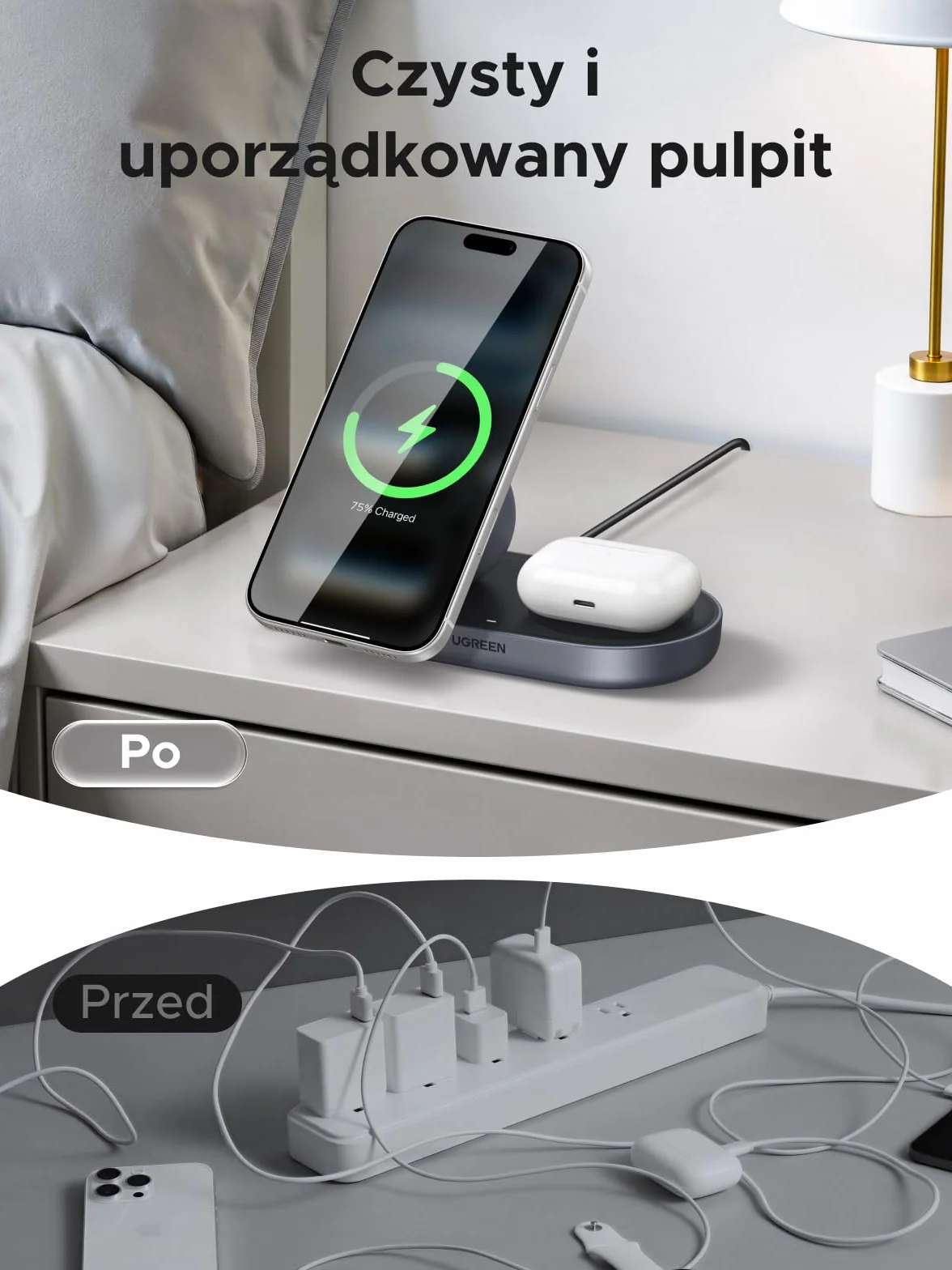 UGREEN Zapix Ładowarka Bezprzewodowa 2 w 1, Qi2 25W Certyfikowana Magnetyczna Stacja Ładowająca Kompatybilna z MagSafe dla iPhone'a 17/16/15/14/13/12 i AirPods, z kablem 1 m – Czarny