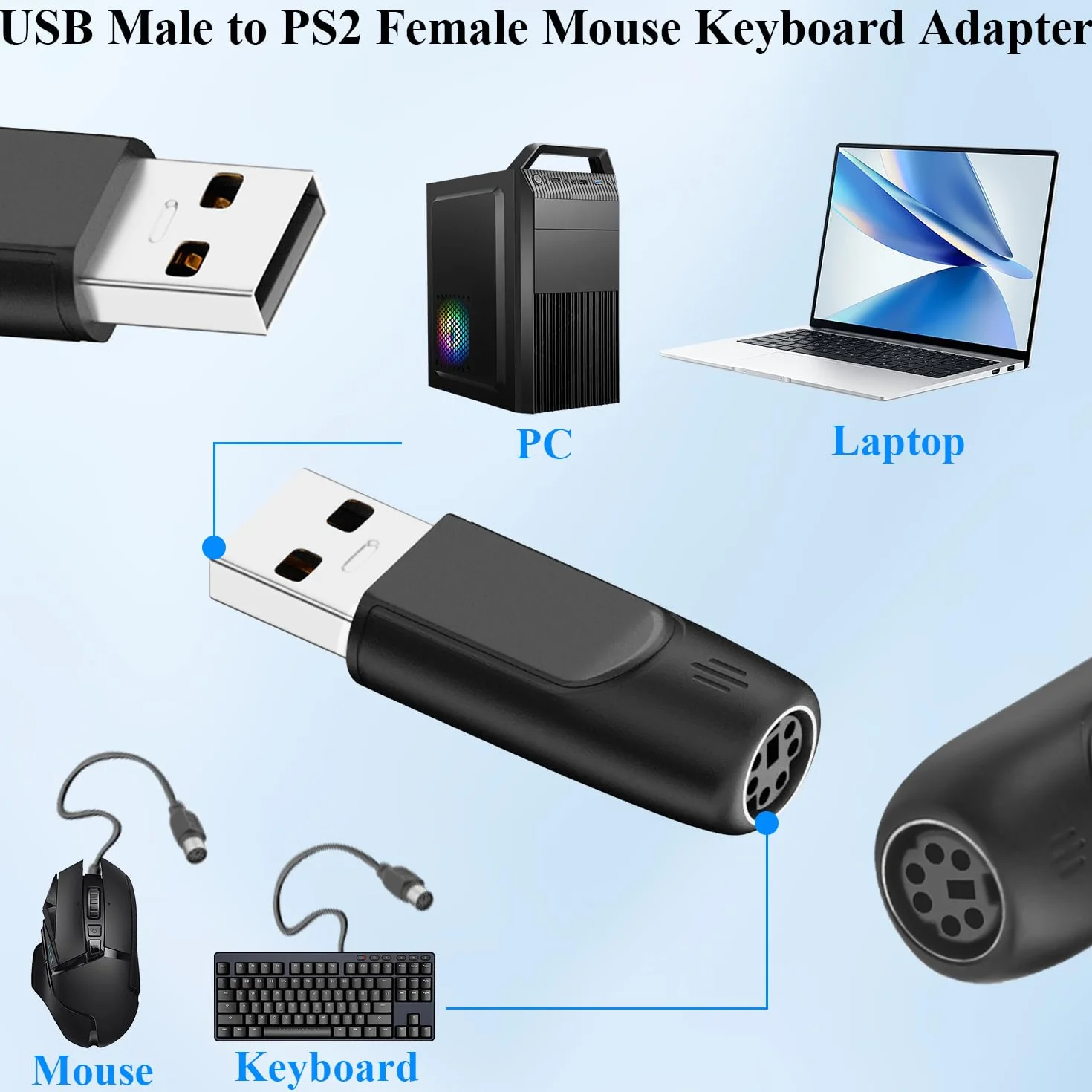 Adaptateur USB Type A Mâle vers PS/2 Femelle Convertisseur Souris Clavier 2Pcs