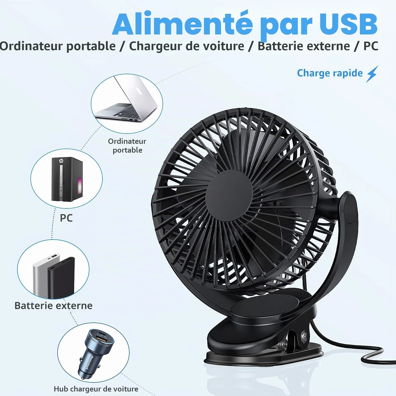 ATEngeus ventilateur Pince USB 5 inch avec batterie 5000 mAh, Portable Petit Ventilateur de Bureau, 3 vitesses, double rotation à 360°, avec câble USB, convient pour les familles, les bureaux