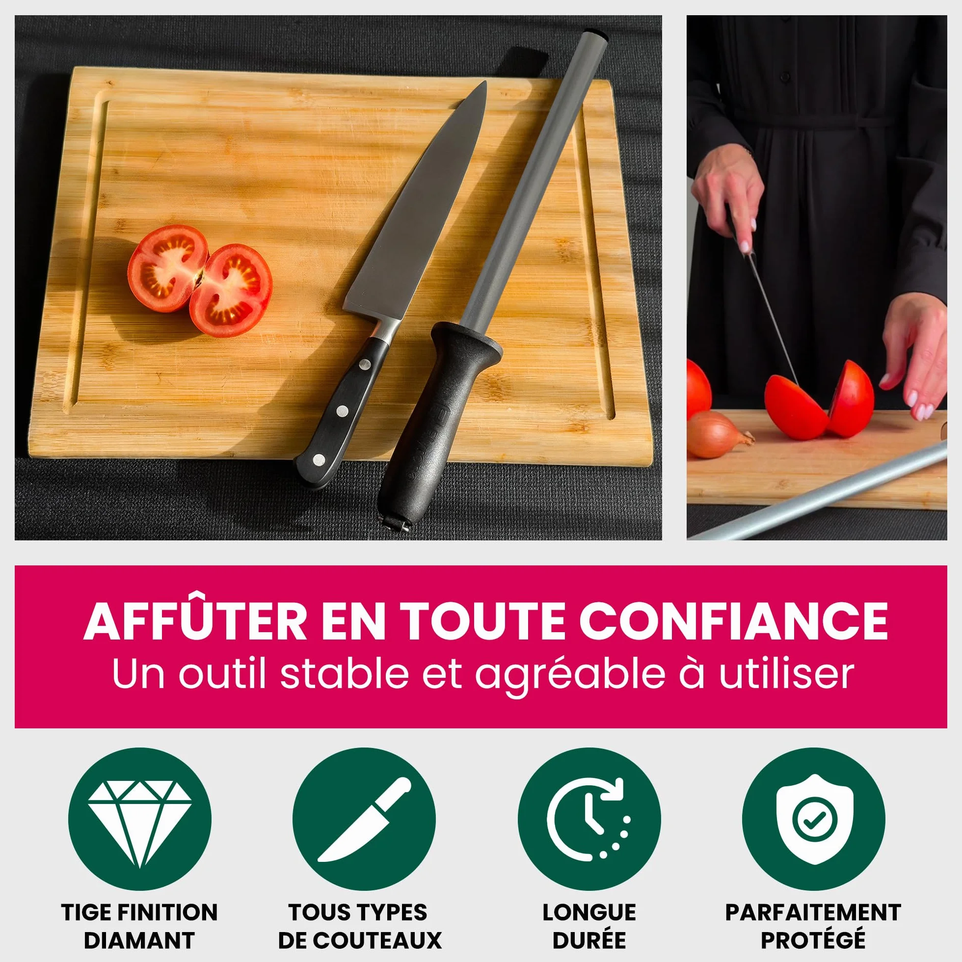 Fusil à aiguiser diamant professionnel 25 cm - aiguiseur couteaux pro - compatible tous couteaux de cuisine