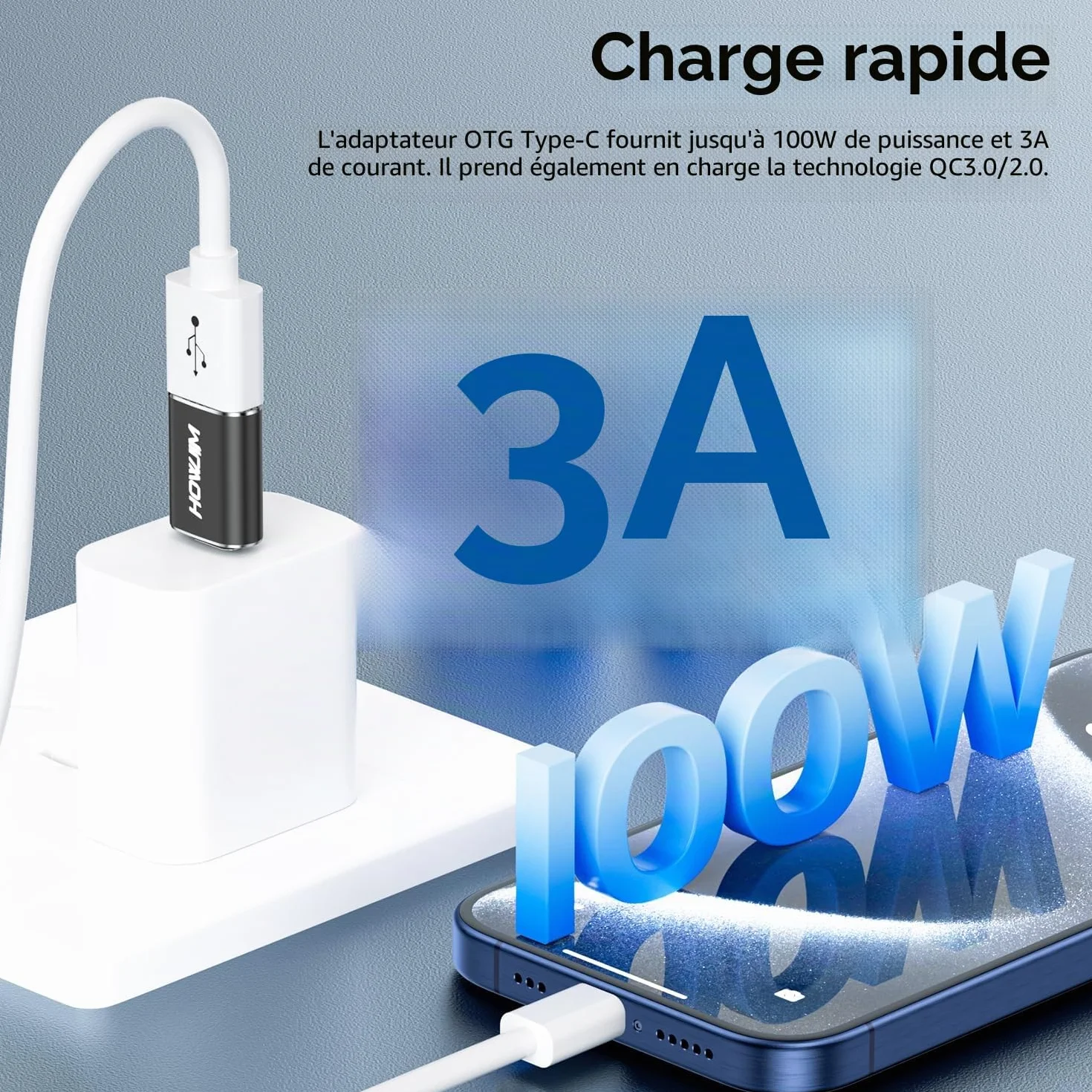 Adaptateur USB C vers USB Lot de 2, Charge Rapide 100W, 10Gbps USB 3.2 Femelle vers Type-C Mâle OTG Noir