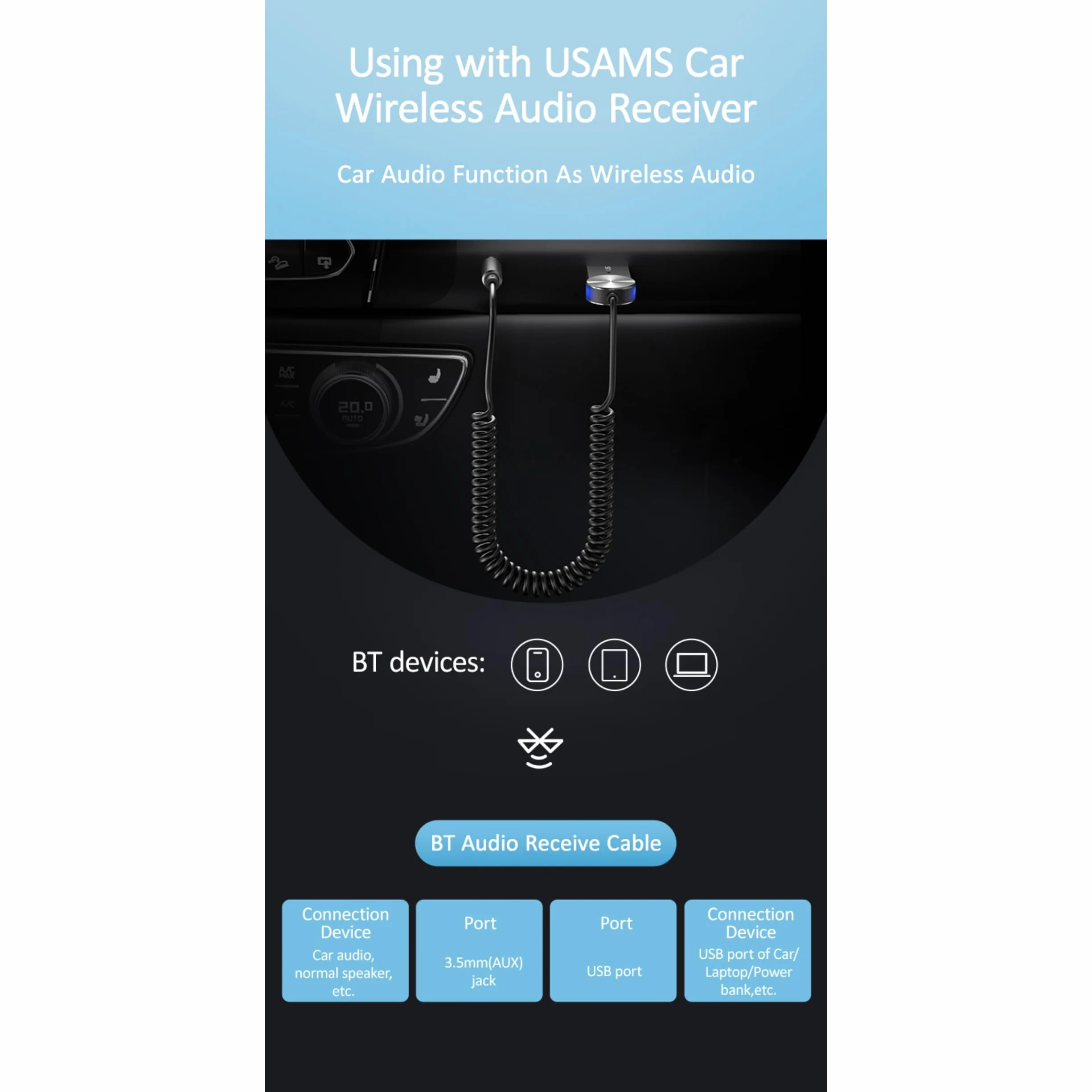 P4Y Bezprzewodowy Adapter Audio Samochodowy US-SJ464 złącze Jack 3,5 mm do gniazda AUX port USB Bluetooth 5.0 Wbudowany mikrofon Komunikaty głosowe Materiał: stop aluminium + ABS