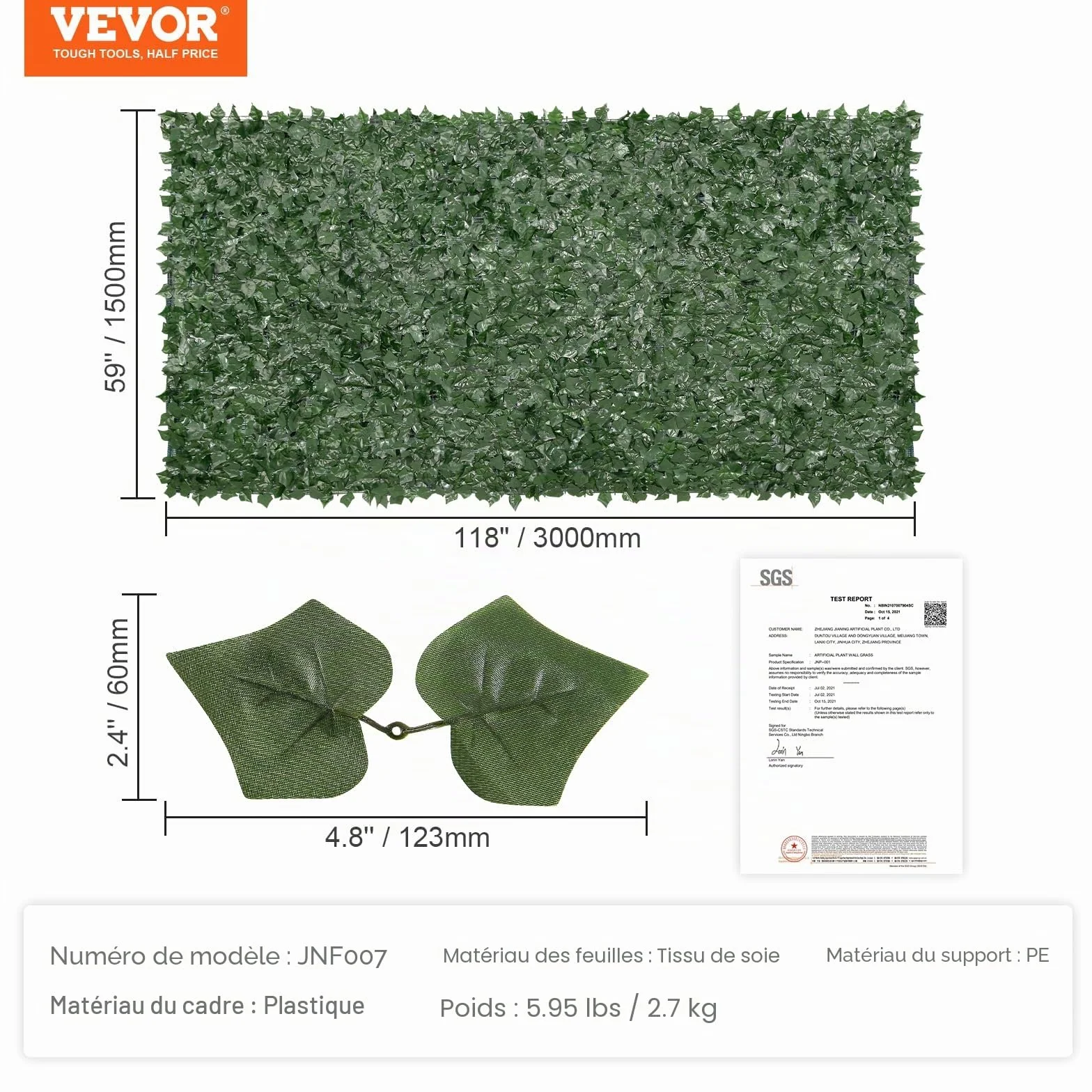 VEVOR Haie Artificielle 150x300 cm Brise-Vue Clôture Lierre Artificiel Intimité Support Tissu Maillé Joint Renforcé Déco Fausses Feuilles Jardin Extérieur