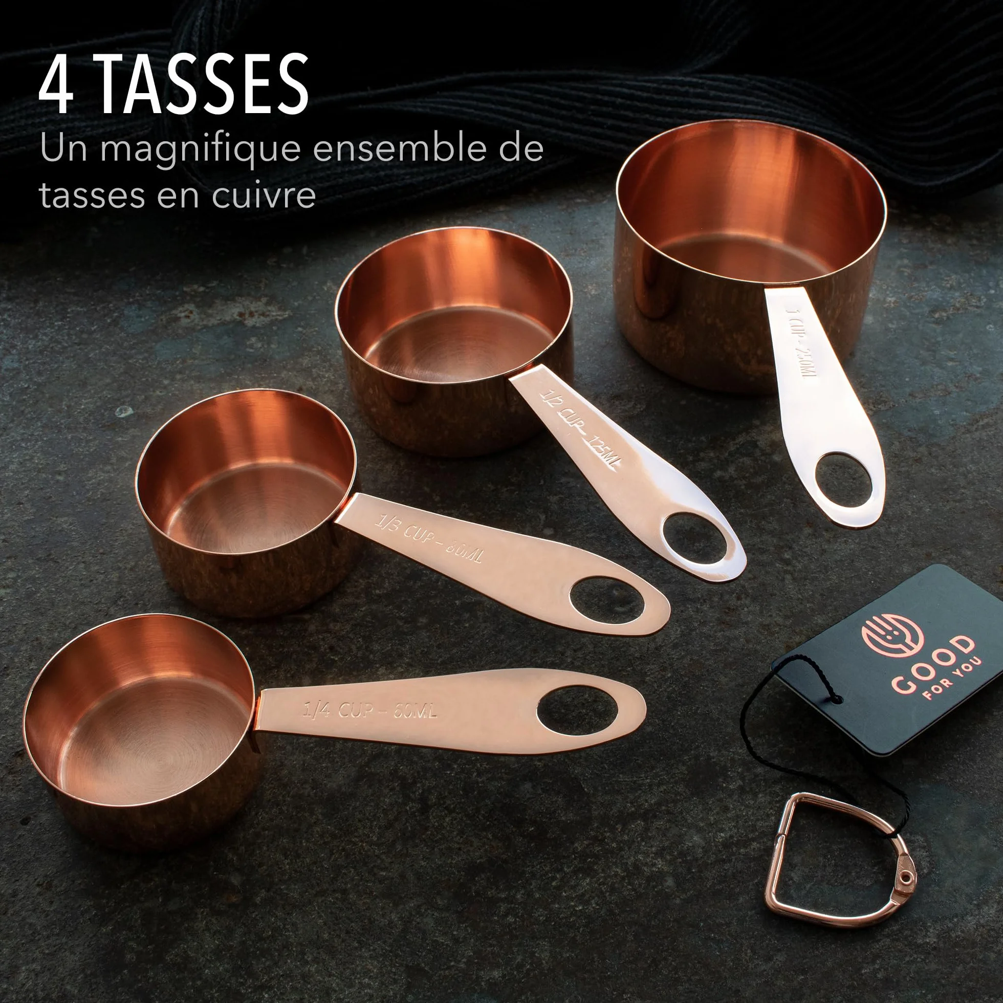 Lot de 9 pièces de tasses et cuillères à mesurer en acier inoxydable cuivre chromé, mesures gravées